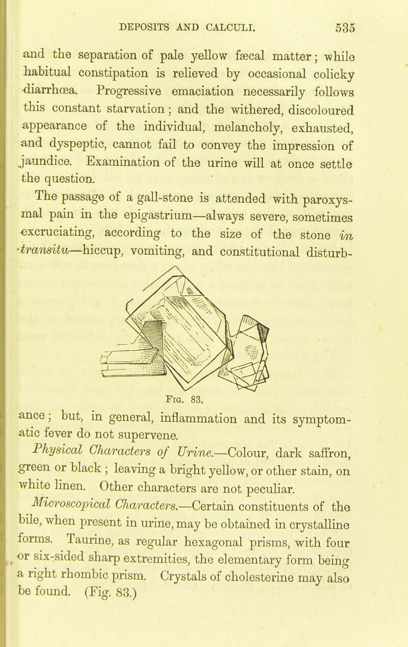 iind the separation of pale yellow fsecal matter; -while habitual constipation is relieved by occasional colicky ■diarrhoea. Progressive emaciation necessarily follows this constant starvation; and the withered, discoloured appearance of the individual, melancholy, exhausted, and dyspeptic, cannot fail to convey the impression of jaundice. Examination of the urine will at once settle the question. The passage of a gall-stone is attended with paroxys- mal pain in the epigastrium—always severe, sometimes excruciating, according to the size of the stone in 'tramitu—hiccup, vomiting, and constitutional disturb- Fro, 83. ance; but, in general, inflammation and its symptom- atic fever do not supervene. Physical Characters of Urine.—Colour, dark saffron, green or black ; leaving a bright yellow, or other stain, on white linen. Other characters are not pecuhar. Microscopical Characters.—Certeim constituents of the bile, when present in urine, may be obtained in crystalline forms. Taurine, as regular hexagonal prisms, with four ^ or six-sided sharp extremities, the elementary form being a right rhombic prism. Crystals of cholesterine may also be found. (Fig. 83.)