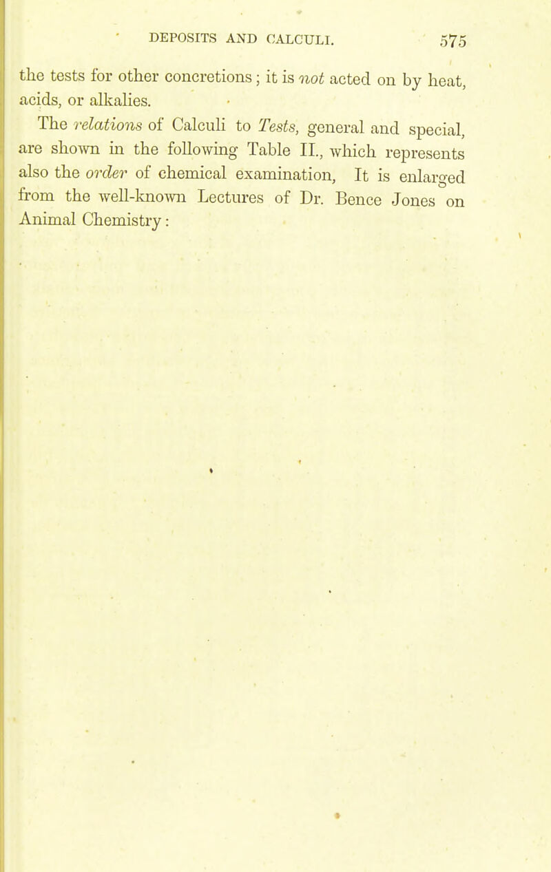 the tests for other concretions; it is not acted on by heat, acids, or alkalies. The relations of Calcuh to Tests, general and special, are shown in the following Table II., which represents also the order of chemical examination. It is enlarged from the well-kno-\vn Lectures of Dr. Bence Jones on Animal Chemistry: