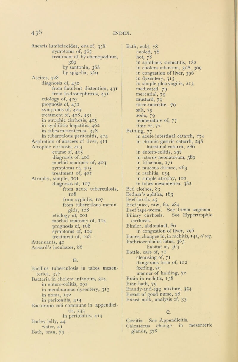 Ascaris lumbricoides, ova of, 358 symptoms of, 365 treatment of, by chenopodium, 369 by santonin, 368 by spigelia, 369 Ascites, 428 diagnosis of, 430 from flatulent distention, 431 from hydronephrosis, 431 etiology of, 429 prognosis of, 431 symptoms of, 429 treatment of, 408, 431 in atrophic cirrhosis, 405 in syphilitic hepatitis, 402 in tabes mesenterica, 378 in tuberculous peritonitis, 424 Aspiration of abscess of liver, 411 Atrophic cirrhosis, 403 course of, 405 diagnosis of, 406 morbid anatomy of, 403 symptoms of, 405 treatment of, 407 Atrophy, simple, loi diagnosis of, 107 from acute tuberculosis, 108 from syphilis, 107 from tuberculous menin- gitis, 108 etiology of, loi morbid anatomy of, 104 prognosis of, 108 symptoms of, 104 treatment of, 108 Attenuants, 40 Auvard’s incubator, 86 B. T5acillus tuberculosis in tabes mesen- terica, 377 bacteria in cholera infantum, 304 in entero colitis, 292 in membranous dysentery, 313 in noma, 192 in peritonitis, 414 Bacterium coli commune in appendici- tis, 333 in peritonitis, 414 Barley jelly, 44 water, 41 Bath, bran, 79 Bath, cold, 78 cooled, 78 hot, 78 in aphthous stomatitis, 182 in cholera infantum, 308, 309 in congestion of liver, 396 in dysentery, 315 in simple pharyngitis, 213 medicated, 79 I mercurial, 79 mustard, 79 nitro-muriatic, 79 salt, 79 soda, 79 temperature of, 77 time of, 77 Bathing, 77 in acute intestinal catarrh, 274 in chronic gastric catarrh, 248 intestinal catarrh, 286 in entero-colitis, 297 in icterus neonatorum, 389 in lithajinia, 171 in mucous disease, 263 in rachitis, 154 in simple atrophy, no j in tabes mesenterica, 382 1 Bed clothes, 83 Bednar’s aphtha, 183 Beef-broth, 45 1 Beef juice, raw, 69, 284 i Beef tape-worm. See Tsenia saginata. Biliary cirrhosis. See Hypertrophic cirrhosis. Binder, abdominal, 80 in congestion of liver, 396 Bones, changes in, in rachitis, I4i,<’/seq. I Bothriocephalus latus, 363 I habitat of, 363 j Bottle, care of, 71 i cleansing of, 71 dangerous form of, 102 feeding, 70 manner of holding, 72 Brain in rachitis, 138 Bran-bath, 79 Brandy-and-egg mixture, 354 Breast of good nurse, 28 Breast milk, analysis of, 33 C. Coecitis. See Appendicitis. Calcareous change in mesenteric glands, 378