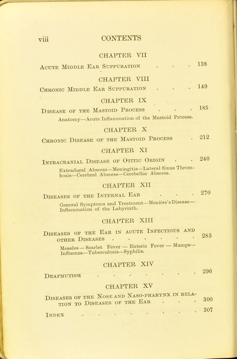 CHAPTER VII Acute Middle Ear Sxjppubation . • .138 CHAPTER VIII Chbonic Middle Eab Suppuration . • .149 CHAPTER IX Disease of the Mastoid Process . • .185 Anatomy—Acute Inflammation of the Mastoid Process. CHAPTER X Chronic Disease of the Mastoid Process • 212 CHAPTER XI Intracranial Disease of Otitic Origin . • 240 Extradural Abscess—Meningitis—Lateral Sinus Throm- bosis—Cerebral Abscess—Cerebellar Abscess. CHAPTER XII Diseases of the Internal Ear General Symptoms and Treatment—Meniere's Disease- Inflammation of the Labjrrinth. CHAPTER XIII Diseases of the Ear in acute Infectious and other Diseases Measles-Scarlet Fever - Enteric Fever - Mumps- Influenza—Tuberoulosis—Syphilis. CHAPTER XIV Deafmutism CHAPTER XV Diseases of the Nose and Naso-pharynx in rela- tion TO Diseases of the Ear Index 270 285 296 300 307