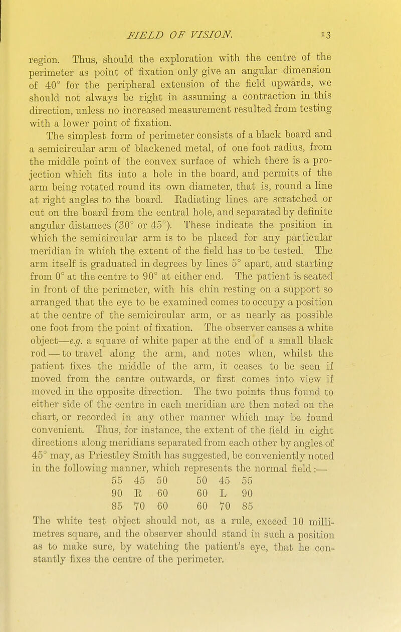 region. Thus, should the exploration with the centre of the perimeter as point of fixation only give an angular dimension of 40° for the peripheral extension of the field upwards, we should not always be right in assuming a contraction in this direction, unless no increased measurement resulted from testing with a lower point of fixation. The simplest form of perimeter consists of a black board and a semicircular arm of blackened metal, of one foot radius, from the middle point of the convex surface of which there is a pro- jection which fits into a hole in the board, and permits of the arm being rotated round its own diameter, that is, round a line at right angles to the board. Eadiating lines are scratched or cut on the board from the central hole, and separated by definite angular distances (30° or 45°). These indicate the position in which the semicircular arm is to be placed for any particular meridian in which the extent of the field has to be tested. The arm itself is graduated in degrees by lines 5° apart, and starting from 0° at the centre to 90° at either end. The patient is seated in front of the perimeter, with his chin resting on a support so arranged that the eye to be examined comes to occupy a position at the centre of the semicircular arm, or as nearly as possible one foot from the point of fixation. The observer causes a white object—e.g. a square of white paper at the end of a small black rod — to travel along the arm, and notes when, whilst the patient fixes the middle of the arm, it ceases to be seen if moved from the centre outwards, or first comes into view if moved in the opposite direction. The two points thus found to either side of the centre in each meridian are then noted on the chart, or recorded in any other manner which may be found convenient. Thus, for instance, the extent of the field in eight directions along meridians separated from each other by angles of 45° may, as Priestley Smith has suggested, be conveniently noted in the following manner, which represents the normal field:— 55 45 50 50 45 55 90 E 60 60 L 90 85 70 60 60 70 85 The white test object should not, as a rule, exceed 10 milli- metres square, and the observer should stand in such a position as to make sure, by watching the patient's eye, that he con- stantly fixes the centre of the perimeter.