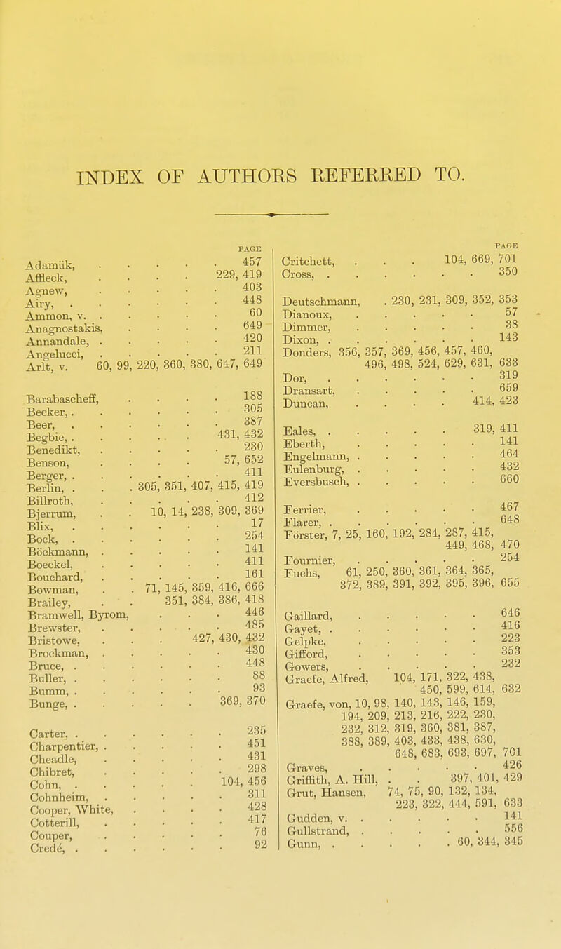 INDEX OF AUTHOES REFEERED TO. Adamiik, Affleck, Agnew, Airy, . Ammon, v. . Anagnostakis, Annandale, . Angelucci, PAGE 457 229, 419 403 448 60 649 420 211 Arlt, V. 60, 99, 220, 360, 380, 647, 649 BarabaschefiE, Becker,. Beer, Begbie, . Benedikt, Benson, Berger, . Berlin, . Billroth, Bjerrum, Blix, . Bock, Bockmann, Boeckel, Bouchard, Bowman, Brailey, Bramwell, Byrom, Brewster, Bristowe, Brockman, Bruce, . Buller, . Bumm, . Bunge, . Carter, . Charpentier, Cheadle, Chi brat, Cohn, . Cohnheim, Cooper, White, Cotterill, Couper, Cred^, . 305 351, 10, 14; 188 305 387 431, 432 230 57, 652 411 407, 415, 419 412 238, 309, 369 17 254 141 411 161 71, 145, 359, 416, 666 351, 384, 386, 418 446 485 427, 430, 432 430 448 88 93 369, 370 235 451 431 298 104, 456 311 428 417 76 92 Critchett, Cross, . PAOE 104, 669, 701 350 Deutschmann Dianoux, Dimmer, Dixon Donders, 356, 357, 369, 456, 496, 498, 524, Dor, Dransart, Duncan, Eales, . Eberth, Engelmann, Eulenburg, Eversbusch, , 230, 231, 309, 352, 353 57 38 143 457, 460, 629, 631, 633 319 659 414, 423 319, 411 141 464 432 660 Eerrier, Eorste'r, 7, 25, 160, 192, 284, Fournier, Euchs, 61, 250, 360, 361, 372, 389, 391, 392, Gaillard, Gayet, . Gelpke, Gifford, Gowers, Graefe, Alfred, Graefe, von, 10, 98, 194, 209, 232, 312, 388, 389, Graves, Griffith, A. Hill, ^ Grut, Hansen, 7 Gudden, v. . Gullstrand, . Gunn, . 104, 171, 450, 140, 143, 213. 216, 319, 360, 403, 433, 648, 683, 4, 75, 90, 223, 322, 467 648 287, 415, 449, 468, 470 254 364, 365, 395, 396, 655 646 416 223 353 232 322, 438, 599, 614, 632 146, 159, 222, 230, 381, 387, 438, 630, 693, 697, 701 426 397, 401, 429 132, 134, 444, 591, 633 141 556 . GO, 344, 345