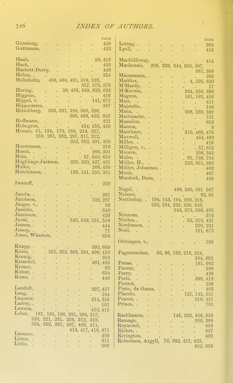 Griinsberg, G-uttmann, PAOK 439 432 Haab, 93, 418 Hack 433 Haslcett-Derby 449 Hebra 254 Helmholtz, 456, 460, 491, 519, 520, 557, 573, 576 Hering, . . 28, 456, 589, 629, 633 Higgens, 416 Hippel, V 141, 671 Hippocrates, 387 Hirschberg, 336, 337, 389, 395, 396, 398, 400, 403, 645 Hoffmann, 421 Holmgren, . . . 454, 455, 456 Horner, CI, 134, 170, 188, 219, 257, 259, 261, 262, 297, 311, 312, 352, 382, 401, 403 Horstmann, . Hosch, . Hotz, . , Huglilings-Jackson Hulke, . Hutchinson, . Iwanoff, Jacobs, . Jacobson, Jaeger, v., Jaesche, Jamieson, Javal, . Jensen, . Jessop, . Jones, Wharton, 351 352 383 Knapp, . Knies, . Koenig, Krenchel, Kroner, Kuhnt, . Kums, . Landolt, Lang, . Laqueur, Larrey, . Lawson, Leber, 187, 191, 196, 205, 206, 217', 220, 221, 231, 256, 312, 319, 324, 352, 397, 407, 408, 411, 416, 417, 418, 671 Laennec. ..... 403 Litten, ..... 321 .... 1 [ 266 219 266, 301 . 57, 649, 650 228, 230, 427, 431 266, 430 138, 141, 250, 351 220 261 102, 287 39 649 420 545, 549, 551, 558 444 71 656 392, 669 384, 408, 410 310 461, 465 93 654 449 297, 457 104 314, 356 101 410, 415 Loring, . LyeU, . . MacGillivray, Mackenzie, 209, Macnamara, Maddox, M'Hardy, M'Keown, Magnus, Mair, . Majendie, Manz, . Martinache, Masselon, Masson, Mauthner, Maxwell, Miller, . Milligen, v., Mooren, Mules, . MiiUer, H., Miiller, Johannes, Munk, Murdoch, Burn, PAGE 362 416 414 339, 344, 350, 367, 387, 388 206 , 4, 595, 620 17 334, 336. 690 161, 163, 456 411 140 208, 230, 398 131 658 8 310, 468, 470 454, 460 419 . 57, 652 208, 343 91, 703, 704 220, 351, 383 463 467 439 Nagel, . Neisser, Nettleship, . 104, 143, 232, 234, Neuman, Nieden,. Nordenson, . Nuel, . . . , Oettingen, v., Pagenstecher, 50, 96, Panas, . Parent, Parry, . Perls, . Pierret, Pinto, da Gama, Placido, Poncet, . Prince, . 498, 560, 561 567 . 92,93 194, 209, 216, 235, 239, 240, 243, 370, 396, 402 514 . 52, 319, 421 220, 221 151, 673 103 160, 218, 254, 384, 692 161, 662 586 426 398, 418 239 403 121, 145, 551 218, 451 701 Raehlmann, . . 145, 220, 456, 559 Ramage 200, 369 Reymond, 450 Richet, 657 Rivington, 420 Robertson, Argyll, 76, 382, 417, 423, 652, 656