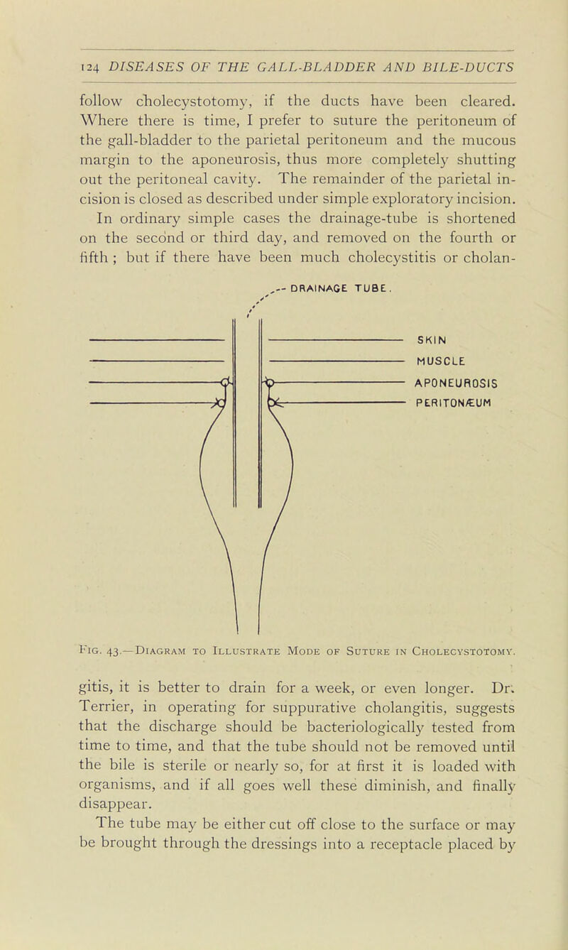 follow cliolecystotomy, if the ducts have been cleared. Where there is time, I prefer to suture the peritoneum of the gall-bladder to the parietal peritoneum and the mucous margin to the aponeurosis, thus more completely shutting out the peritoneal cavity. The remainder of the parietal in- cision is closed as described under simple exploratory incision. In ordinary simple cases the drainage-tube is shortened on the second or third day, and removed on the fourth or fifth ; but if there have been much cholecystitis or cholan- DRAINAGE TUBE . y * SKIN MUSCLE APONEUROSIS PERITON/EUM Fig. 43.—Diagram to Illustrate Mode of Suture in Cholecystotomv. gitis, it is better to drain for a week, or even longer. Dn Terrier, in operating for suppurative cholangitis, suggests that the discharge should be bacteriologically tested from time to time, and that the tube should not be removed until the bile is sterile or nearly so, for at first it is loaded with organisms, and if all goes well these diminish, and finally disappear. The tube may be either cut off close to the surface or may be brought through the dressings into a receptacle placed by