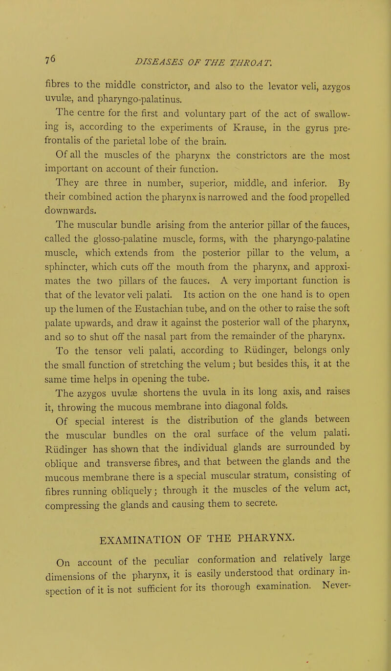 fibres to the middle constrictor, and also to the levator veli, azygos uvulse, and pharyngo-palatinus. The centre for the first and voluntary part of the act of swallow- ing is, according to the experiments of Krause, in the gyrus pre- frontalis of the parietal lobe of the brain. Of all the muscles of the pharynx the constrictors are the most important on account of their function. They are three in number, superior, middle, and inferior. By their combined action the pharynx is narrowed and the food propelled downwards. The muscular bundle arising from the anterior pillar of the fauces, called the glosso-palatine muscle, forms, with the pharyngo-palatine muscle, which extends from the posterior pillar to the velum, a sphincter, which cuts off the mouth from the pharynx, and approxi- mates the two pillars of the fauces. A very important function is that of the levator veli palati. Its action on the one hand is to open up the lumen of the Eustachian tube, and on the other to raise the soft palate upwards, and draw it against the posterior wall of the pharynx, and so to shut off the nasal part from the remainder of the pharynx. To the tensor veli palati, according to Riidinger, belongs only the small function of stretching the velum; but besides this, it at the same time helps in opening the tube. The azygos uvulse shortens the uvula in its long axis, and raises it, throwing the mucous membrane into diagonal folds. Of special interest is the distribution of the glands between the muscular bundles on the oral surface of the velum palati. Riidinger has shown that the individual glands are surrounded by oblique and transverse fibres, and that between the glands and the mucous membrane there is a special muscular stratum, consisting of fibres running obliquely; through it the muscles of the velum act, compressing the glands and causing them to secrete. EXAMINATION OF THE PHARYNX. On account of the peculiar conformation and relatively large dimensions of the pharynx, it is easily understood that ordinary in- spection of it is not sufficient for its thorough examination. Never-