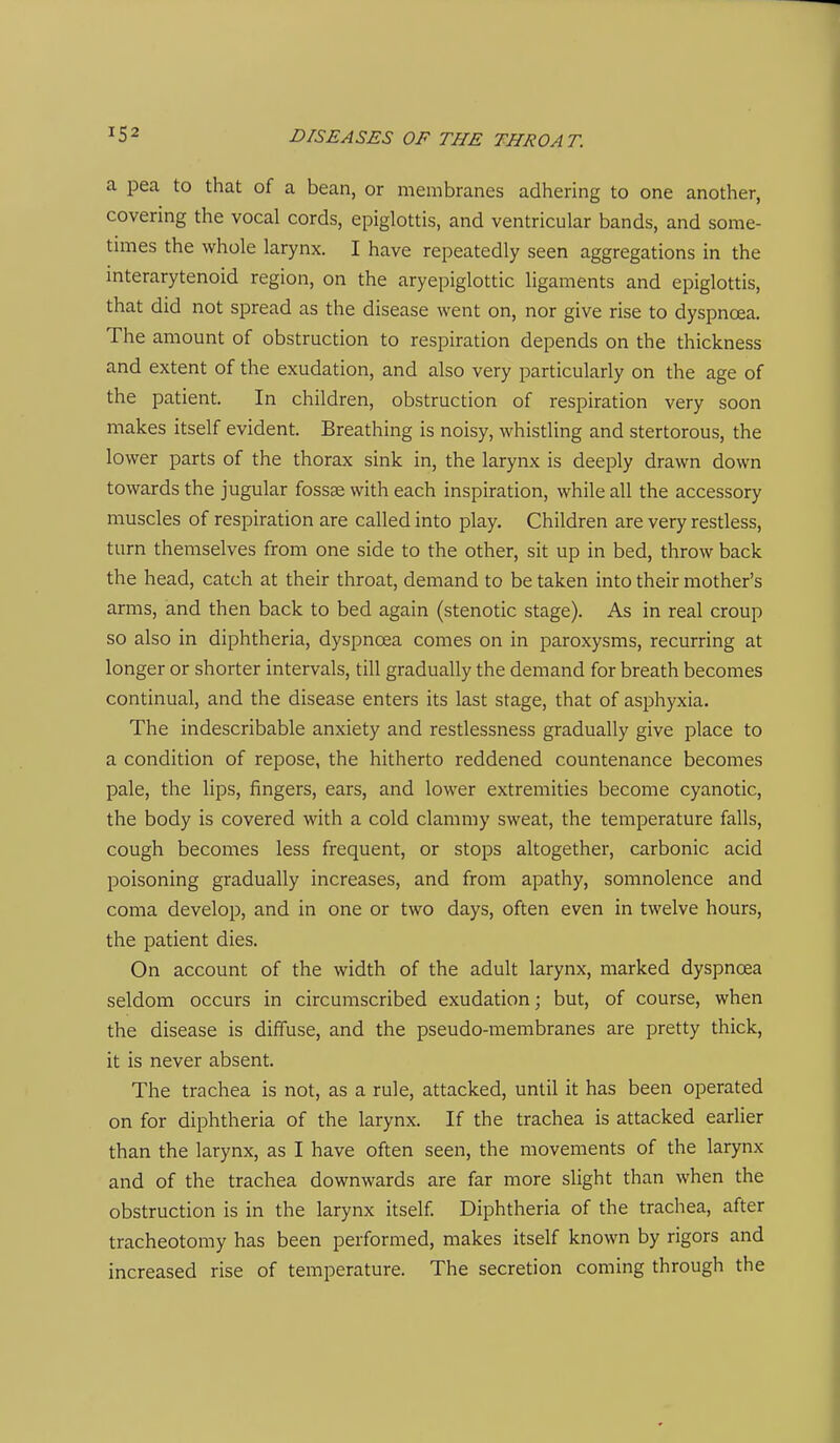 a pea to that of a bean, or membranes adhering to one another, covering the vocal cords, epiglottis, and ventricular bands, and some- tunes the whole larynx. I have repeatedly seen aggregations in the interarytenoid region, on the aryepiglottic ligaments and epiglottis, that did not spread as the disease went on, nor give rise to dyspnoea. The amount of obstruction to respiration depends on the thickness and extent of the exudation, and also very particularly on the age of the patient. In children, obstruction of respiration very soon makes itself evident. Breathing is noisy, whistling and stertorous, the lower parts of the thorax sink in, the larynx is deeply drawn down towards the jugular fossse with each inspiration, while all the accessory muscles of respiration are called into play. Children are very restless, turn themselves from one side to the other, sit up in bed, throw back the head, catch at their throat, demand to be taken into their mother's arms, and then back to bed again (stenotic stage). As in real croup so also in diphtheria, dyspnoea comes on in paroxysms, recurring at longer or shorter intervals, till gradually the demand for breath becomes continual, and the disease enters its last stage, that of asphyxia. The indescribable anxiety and restlessness gradually give place to a condition of repose, the hitherto reddened countenance becomes pale, the lips, fingers, ears, and lower extremities become cyanotic, the body is covered with a cold clammy sweat, the temperature falls, cough becomes less frequent, or stops altogether, carbonic acid poisoning gradually increases, and from apathy, somnolence and coma develop, and in one or two days, often even in twelve hours, the patient dies. On account of the width of the adult larynx, marked dyspnoea seldom occurs in circumscribed exudation; but, of course, when the disease is diffuse, and the pseudo-membranes are pretty thick, it is never absent. The trachea is not, as a rule, attacked, until it has been operated on for diphtheria of the larynx. If the trachea is attacked earlier than the larynx, as I have often seen, the movements of the larynx and of the trachea downwards are far more slight than when the obstruction is in the larynx itself Diphtheria of the trachea, after tracheotomy has been performed, makes itself known by rigors and increased rise of temperature. The secretion coming through the