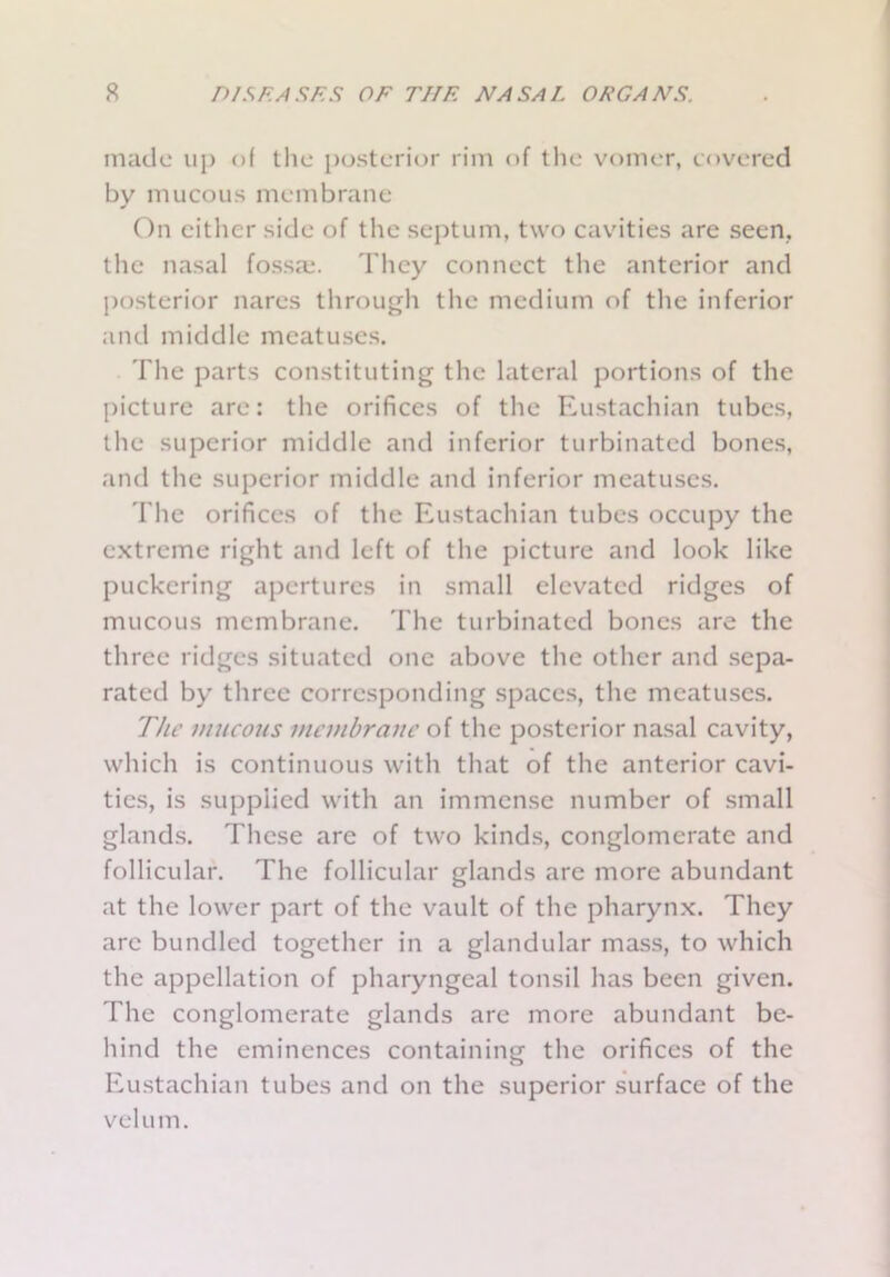 made up of the posterior rim of the vomer, covered by mucous membrane On cither side of the septum, two cavities are seen, the nasal fossa;. They connect the anterior and posterior nares through the medium of the inferior and middle meatuses. The parts constituting the lateral portions of the picture are: the orifices of the Eustachian tubes, the superior middle and inferior turbinated bones, and the superior middle and inferior meatuses. The orifices of the Eustachian tubes occupy the extreme right and left of the picture and look like puckering apertures in small elevated ridges of mucous membrane. The turbinated bones are the three ridges situated one above the other and sepa- rated by three corresponding spaces, the meatuses. The mucous membrane of the posterior nasal cavity, which is continuous with that of the anterior cavi- ties, is supplied with an immense number of small glands. These are of two kinds, conglomerate and follicular. The follicular glands are more abundant at the lower part of the vault of the pharynx. They arc bundled together in a glandular mass, to which the appellation of pharyngeal tonsil has been given. The conglomerate glands are more abundant be- hind the eminences containing the orifices of the Eustachian tubes and on the superior surface of the velum.