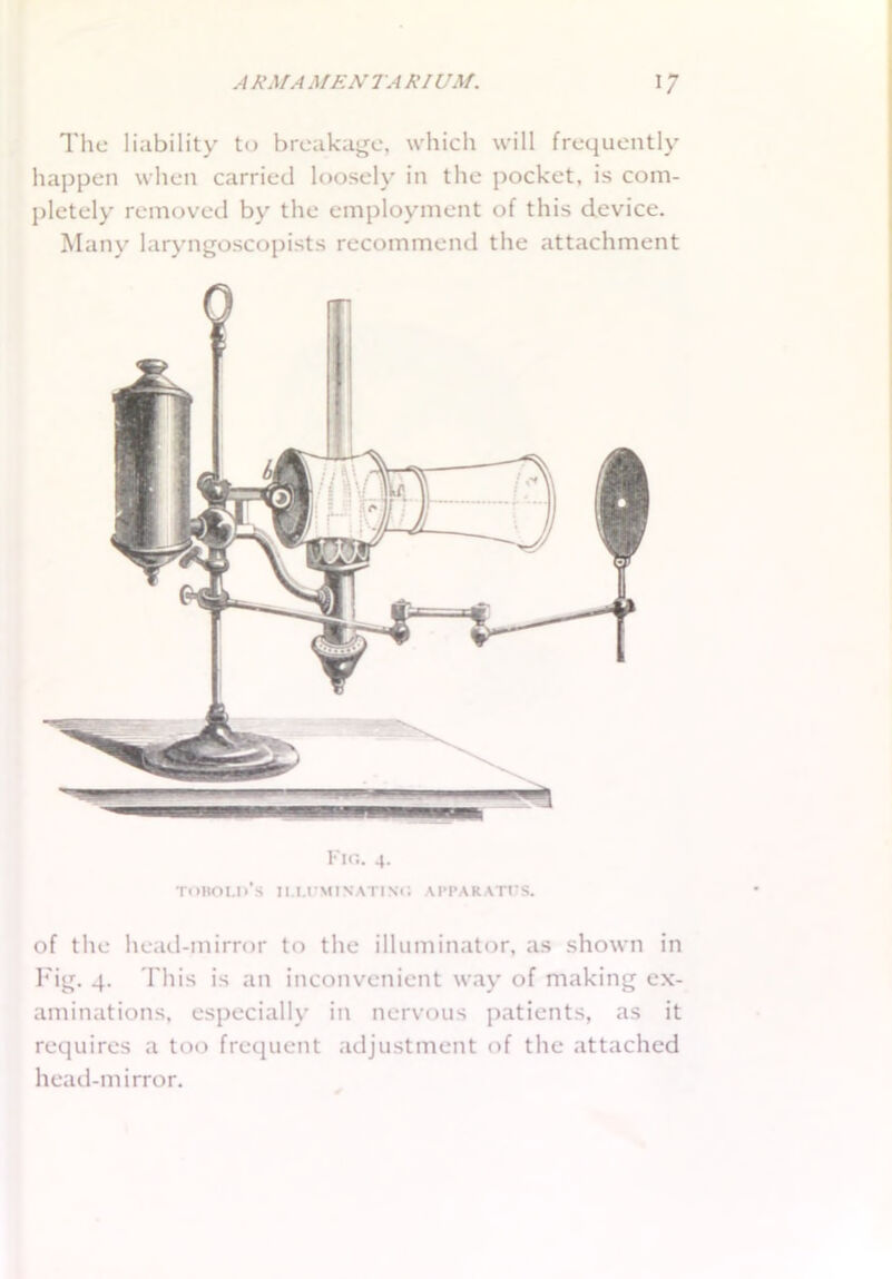 The liability to breakage, which will frequently happen when carried loosely in the pocket, is com- pletely removed by the employment of this device. Many laryngoscopists recommend the attachment Fin. 4. TOBOLn’s n.U’MINATINO APPARATUS. of the head-mirror to the illuminator, as shown in Fig. 4. This is an inconvenient way of making ex- aminations, especially in nervous patients, as it requires a too frequent adjustment of the attached head-mirror.