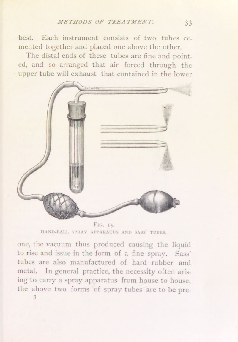 best. Each instrument consists of two tubes ce- mented together and placed one above the other. The distal ends of these tubes are fine and point- ed, and so arranged that air forced through the upper tube will exhaust that contained in the lower HAND-RAU. SPRAY APPARATUS AND SASS’ TURKS. one, the vacuum thus produced causing the liquid to rise and issue in the form of a fine spray. Sass’ tubes are also manufactured of hard rubber and metal. In general practice, the necessity often aris- ing to carry a spray apparatus from house to house, the above two forms of spray tubes arc to be pre- 3