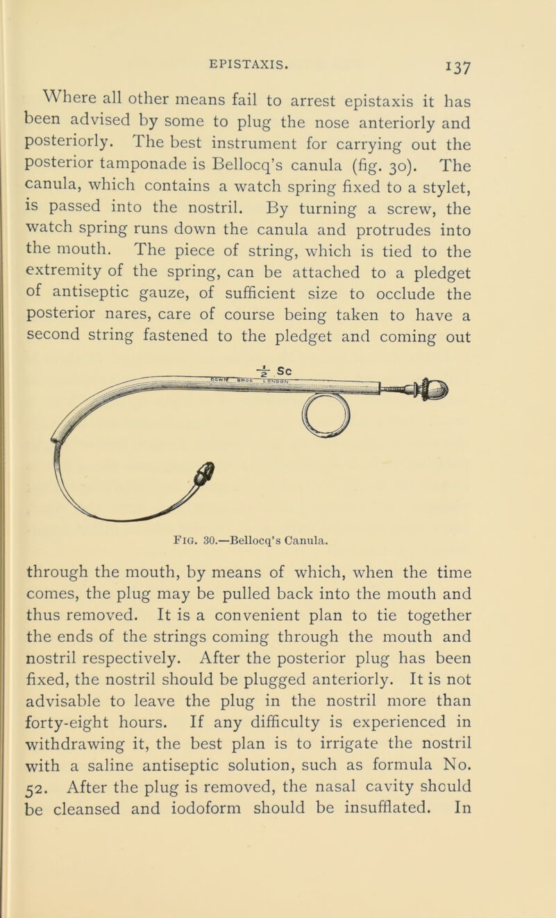 Where all other means fail to arrest epistaxis it has been advised by some to plug the nose anteriorly and posteriorly. I he best instrument for carrying out the posterior tamponade is Bellocq’s canula (fig. 30). The canula, which contains a watch spring fixed to a stylet, is passed into the nostril. By turning a screw, the watch spring runs down the canula and protrudes into the mouth. The piece of string, which is tied to the extremity of the spring, can be attached to a pledget of antiseptic gauze, of sufficient size to occlude the posterior nares, care of course being taken to have a second string fastened to the pledget and coming out through the mouth, by means of which, when the time comes, the plug may be pulled back into the mouth and thus removed. It is a convenient plan to tie together the ends of the strings coming through the mouth and nostril respectively. After the posterior plug has been fixed, the nostril should be plugged anteriorly. It is not advisable to leave the plug in the nostril more than forty-eight hours. If any difficulty is experienced in withdrawing it, the best plan is to irrigate the nostril with a saline antiseptic solution, such as formula No. 52. After the plug is removed, the nasal cavity should be cleansed and iodoform should be insufflated. In