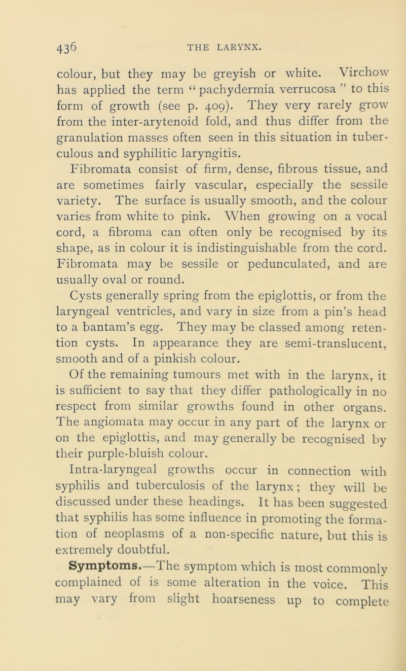 colour, but they may be greyish or white. Virchow has applied the term “ pachydermia verrucosa ” to this form of growth (see p. 409). They very rarely grow from the inter-arytenoid fold, and thus differ from the granulation masses often seen in this situation in tuber- culous and syphilitic laryngitis. Fibromata consist of firm, dense, fibrous tissue, and are sometimes fairly vascular, especially the sessile variety. The surface is usually smooth, and the colour varies from white to pink. When growing on a vocal cord, a fibroma can often only be recognised by its shape, as in colour it is indistinguishable from the cord. Fibromata may be sessile or pedunculated, and are usually oval or round. Cysts generally spring from the epiglottis, or from the laryngeal ventricles, and vary in size from a pin’s head to a bantam’s egg. They may be classed among reten- tion cysts. In appearance they are semi-translucent, smooth and of a pinkish colour. Of the remaining tumours met with in the larynx, it is sufficient to say that they differ pathologically in no respect from similar growths found in other organs. The angiomata may occur in any part of the larynx or on the epiglottis, and may generally be recognised by their purple-bluish colour. Intra-laryngeal growths occur in connection with syphilis and tuberculosis of the larynx; they will be discussed under these headings. It has been suggested that syphilis has some influence in promoting the forma- tion of neoplasms of a non-specific nature, but this is extremely doubtful. Symptoms.—The symptom which is most commonly complained of is some alteration in the voice. This may vary from slight hoarseness up to complete