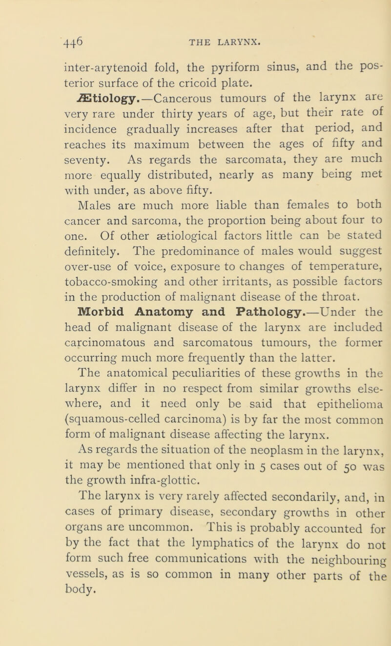 inter-arytenoid fold, the pyriform sinus, and the pos- terior surface of the cricoid plate. etiology.—Cancerous tumours of the larynx are very rare under thirty years of age, but their rate of incidence gradually increases after that period, and reaches its maximum between the ages of fifty and seventy. As regards the sarcomata, they are much more equally distributed, nearly as many being met with under, as above fifty. Males are much more liable than females to both cancer and sarcoma, the proportion being about four to one. Of other aetiological factors little can be stated definitely. The predominance of males would suggest over-use of voice, exposure to changes of temperature, tobacco-smoking and other irritants, as possible factors in the production of malignant disease of the throat. Morbid Anatomy and Pathology.—Under the head of malignant disease of the larynx are included carcinomatous and sarcomatous tumours, the former occurring much more frequently than the latter. The anatomical peculiarities of these growths in the larynx differ in no respect from similar growths else- where, and it need only be said that epithelioma (squamous-celled carcinoma) is by far the most common form of malignant disease affecting the larynx. As regards the situation of the neoplasm in the larynx, it may be mentioned that only in 5 cases out of 50 was the growth infra-glottic. The larynx is very rarely affected secondarily, and, in cases of primary disease, secondary growths in other organs are uncommon. This is probably accounted for by the fact that the lymphatics of the larynx do not form such free communications with the neighbouring- vessels, as is so common in many other parts of the body.