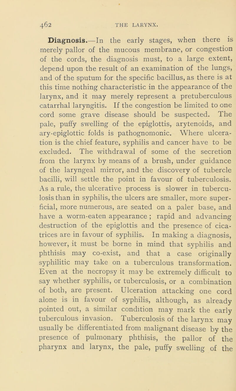 Diagnosis.—In the early stages, when there is merely pallor of the mucous membrane, or congestion of the cords, the diagnosis must, to a large extent, depend upon the result of an examination of the lungs, and of the sputum for the specific bacillus, as there is at this time nothing characteristic in the appearance of the larynx, and it may merely represent a pretuberculous catarrhal laryngitis. If the congestion be limited to one cord some grave disease should be suspected. The pale, puffy swelling of the epiglottis, arytenoids, and ary-epiglottic folds is pathognomonic. Where ulcera- tion is the chief feature, syphilis and cancer have to be excluded. The withdrawal of some of the secretion from the larynx by means of a brush, under guidance of the laryngeal mirror, and the discovery of tubercle bacilli, will settle the point in favour of tuberculosis. As a rule, the ulcerative process is slower in tubercu- losis than in syphilis, the ulcers are smaller, more super- ficial, more numerous, are seated on a paler base, and have a worm-eaten appearance ; rapid and advancing destruction of the epiglottis and the presence of cica- trices are in favour of syphilis. In making a diagnosis, however, it must be borne in mind that syphilis and phthisis may co-exist, and that a case originally syphilitic may take on a tuberculous transformation. Even at the necropsy it may be extremely difficult to say whether syphilis, or tuberculosis, or a combination of both, are present. Ulceration attacking one cord alone is in favour of syphilis, although, as already pointed out, a similar condition may mark the early tuberculous invasion. Tuberculosis of the larynx may usually be differentiated from malignant disease by the presence of pulmonary phthisis, the pallor of the pharynx and larynx, the pale, puffy swelling of the