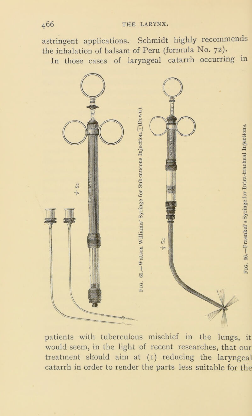 astringent applications. Schmidt highly recommends the inhalation of balsam of Peru (formula No. 72). In those cases of laryngeal catarrh occurring in patients with tuberculous mischief in the lungs, it would seem, in the light of recent researches, that our treatment should aim at (1) reducing the laryngeal catarrh in order to render the parts less suitable for the