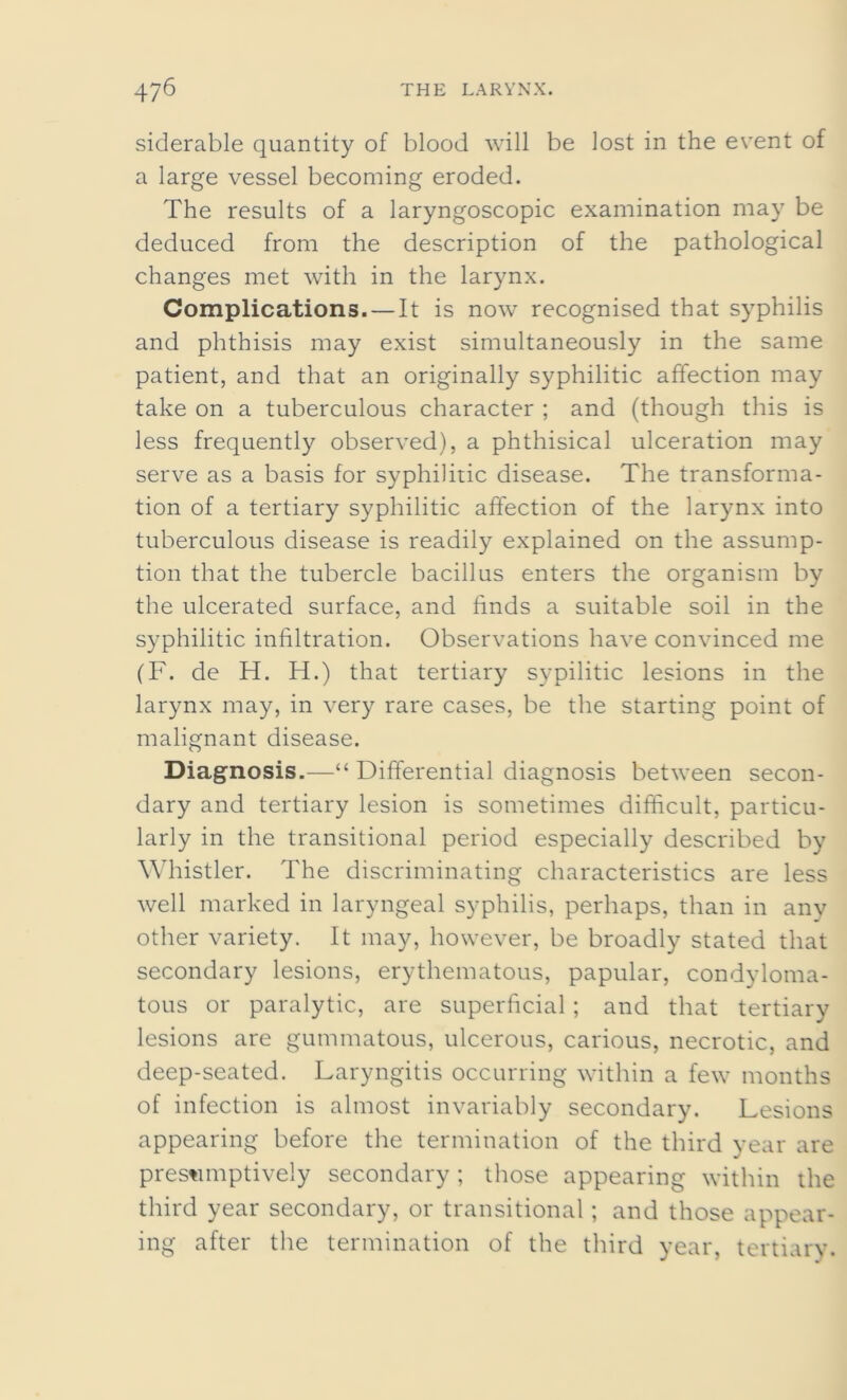 siderable quantity of blood will be lost in the event of a large vessel becoming eroded. The results of a laryngoscopic examination may be deduced from the description of the pathological changes met with in the larynx. Complications. —It is now recognised that syphilis and phthisis may exist simultaneously in the same patient, and that an originally syphilitic affection may take on a tuberculous character ; and (though this is less frequently observed), a phthisical ulceration may serve as a basis for syphilitic disease. The transforma- tion of a tertiary syphilitic affection of the larynx into tuberculous disease is readily explained on the assump- tion that the tubercle bacillus enters the organism by the ulcerated surface, and finds a suitable soil in the syphilitic infiltration. Observations have convinced me (F. de H. H.) that tertiary sypilitic lesions in the larynx may, in very rare cases, be the starting point of malignant disease. Diagnosis.—“ Differential diagnosis between secon- dary and tertiary lesion is sometimes difficult, particu- larly in the transitional period especially described by Whistler. The discriminating characteristics are less well marked in laryngeal syphilis, perhaps, than in any other variety. It may, however, be broadly stated that secondary lesions, erythematous, papular, condyloma- tous or paralytic, are superficial ; and that tertiary lesions are gummatous, ulcerous, carious, necrotic, and deep-seated. Laryngitis occurring within a few months of infection is almost invariably secondary. Lesions appearing before the termination of the third year are presumptively secondary; those appearing within the third year secondary, or transitional; and those appear- ing after the termination of the third year, tertiary.