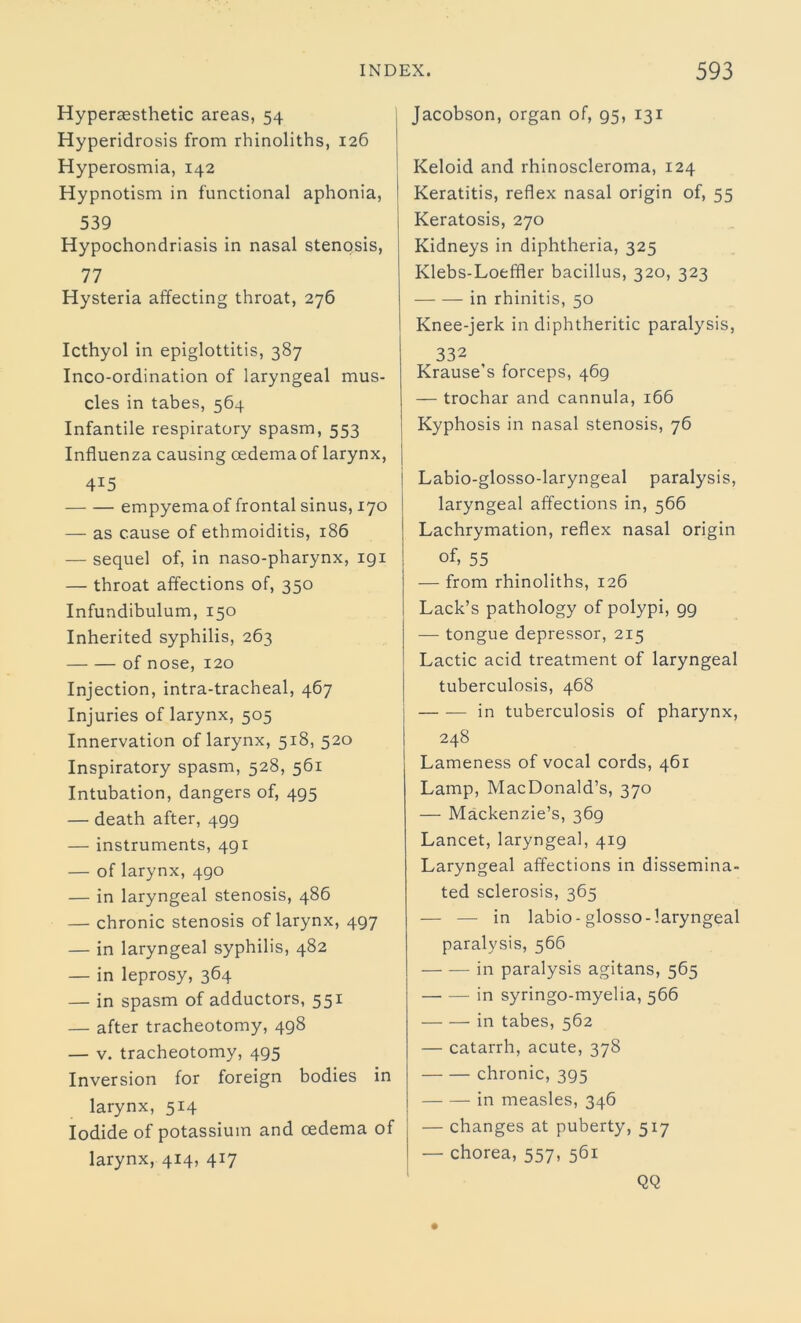 Hyperaesthetic areas, 54 Hyperidrosis from rhinoliths, 126 Hyperosmia, 142 Hypnotism in functional aphonia, 539 Hypochondriasis in nasal stenosis, 77 Hysteria affecting throat, 276 Icthyol in epiglottitis, 387 Inco-ordination of laryngeal mus- cles in tabes, 564 Infantile respiratory spasm, 553 Influenza causing oedema of larynx, 415 empyema of frontal sinus, 170 — as cause of ethmoiditis, 186 — sequel of, in naso-pharynx, 191 — throat affections of, 350 Infundibulum, 150 Inherited syphilis, 263 of nose, 120 Injection, intra-tracheal, 467 Injuries of larynx, 505 Innervation of larynx, 518, 520 Inspiratory spasm, 528, 561 Intubation, dangers of, 495 — death after, 499 — instruments, 4gr — of larynx, 490 — in laryngeal stenosis, 486 — chronic stenosis of larynx, 497 — in laryngeal syphilis, 482 — in leprosy, 364 — in spasm of adductors, 551 — after tracheotomy, 498 — v. tracheotomy, 495 Inversion for foreign bodies in larynx, 514 Iodide of potassium and cedema of larynx, 414, 417 Jacobson, organ of, 95, 131 Keloid and rhinoscleroma, 124 Keratitis, reflex nasal origin of, 55 Keratosis, 270 Kidneys in diphtheria, 325 Klebs-Loeffler bacillus, 320, 323 in rhinitis, 50 Knee-jerk in diphtheritic paralysis, 332 Krause's forceps, 469 — trochar and cannula, 166 Kyphosis in nasal stenosis, 76 Labio-glosso-laryngeal paralysis, laryngeal affections in, 566 Lachrymation, reflex nasal origin of, 55 — from rhinoliths, 126 Lack’s pathology of polypi, gg — tongue depressor, 215 Lactic acid treatment of laryngeal tuberculosis, 468 in tuberculosis of pharynx, 248 Lameness of vocal cords, 461 Lamp, MacDonald’s, 370 — Mackenzie’s, 369 Lancet, laryngeal, 419 Laryngeal affections in dissemina- ted sclerosis, 365 — —• in labio-glosso-laryngeal paralysis, 566 in paralysis agitans, 565 in syringo-myelia, 566 in tabes, 562 — catarrh, acute, 378 chronic, 395 in measles, 346 — changes at puberty, 517 — chorea, 557, 561 QQ