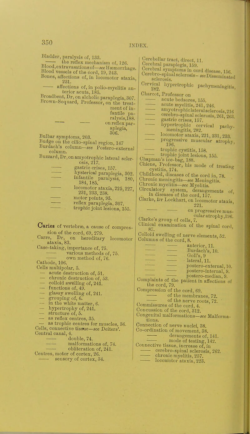 rNDEX. Bladder, paralysis of, 188. tlio reflex meohanism of, J26. Blood, extravasations of— jeeHasmorrhage. Blood vessols of the cord, 1!), 213. •Bones, affoctions of, in locomotor ataxia, 231. affections of, in polio-myelitis an- terior acuta, 185. Broadbent, Dr, on nlcholic paraplegia, 307 Brown-Soquard, Professor, on the treat- ment of in- fantile pa- ralysis,^. on reflex par- aplegia, Bulbar symptoms, 203. Budge on the cilio-spinal region 147 Burdach's column—see Postero-external column. Buzzard, Dr. on amyotrophic lateral scler- osis, 217. gastric crises, 157. hysterica] paraplegia, 302. infantile paralysis, 180, 184,185. ' locomotor ataxia, 225,227, 231,233,238. motor points, 95. reflex paraplegia, 307. trophic joint lesions, 155. Caries of vertebras, a cause of compres- sion of the cord, 69, 279. Carre, Dr, on hereditary locomotor ataxia, 83. Case-taking, importance of, 75. various methods of, 75. -; own method of, 76. Cathode, 106. Cells multipolar, 5. — acute destruction of, 51. — chronic destruction of, 53. — colloid swelling of, 241. — functions of, 49. — glassy swelling of, 241. — grouping of, 6. — in the white matter, 6. — hypertrophy of, 241. — structure of, 5. — as reflex centres, 35. — as trophic centres for muscles, 36. Cells, connective tissue— see Deiters'. Central canal, 4. double, 74. malformations of, 74. ■ obliteration of, 241. Centres, motor of cortex, 26. sensory of cortex, 34. Cerebellar tract, direct, 11. 1 lerebral paraplegia, 169. Cerebral symptoms in cord disease 156 Oerebro-spinaJsclerosis- ^DisBemin».L sclerosis. Cervical hypertrophic pachymeningitis, Charcot, Professor on acute bedsores, 155. acute myelitis, 241, 246. amyotrophic]ateralsclerosis,216 corebro-spiual sclerosis, 261, 263 gastric crises, 157. hypertrophic cervical pachy- meningitis, 282. locomotor ataxia, 221, 231, 233 progressive muscular atrophy, trophic cystitis, 158. ,,, trophic joint lesions, 155. Chapman's ice-bag, 188. Chiene, Professor, his mode of treating _ cystitis, 174. & Childhood, diseases of the cord in, 78. Chronic meningitis—see Meningitis. Chronic myelitis—see Myelitis. Circulatory system, derangements of . m diseases of the cord, 157. Clarke, Dr Lockhart, on locomotor ataxia 221. ' ° progressive nius- m i , , cularatrophy,196. Clarke's group of cells, 7. Clinical examination of the spinal cord, 87. Colloid swelling of nerve elements, 52 Columns of the cord, 8. anterior, 11. Burdach's, 10. Coil's, 9 ■ lateral, 11. postero-external, 10. postero-internal, 9. ~ postero-median, 9. Complaints of the patient in affections of the cord, 79. Compression of the cord, 69. of the membranes, 72. of the nerve roots, 72. Commissures of the cord, 4. Concussion of the cord, 312. Congenital malformations—see Malforma- tions. Connection of nerve nuclei, 38. Co-ordination of movement, 38. derangements of, 141. mode of testing, 142. Connective tissue, increase of, in cerebro-spinal sclerosis, 262. chronic myelitis, 257. locomotor ataxia, 223.