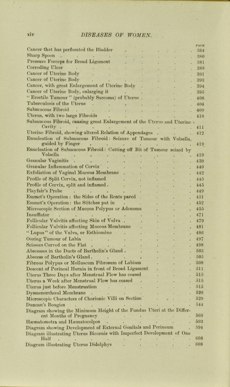 PAGE Cancer that has i3erforated the Bladder ..... ,‘164 Sharp Spoon ......... ;5S0 Pressure Forceps for Broad Lio-ament . . . . .381 Corroding- Ulcer . . . . . . . .388 Cancer of Uterine Body . . . . . . .391 Cancer of Uterine Body . . ... . . .393 Cancer, with great Enlargement of Uterine Body .... 394 Cancer of Uterine Body, enlarging it ..... 395 “ Ei-ectile Tumour ” (probably Sarcoma) of Uterus .... 400 Tuberculosis of the Uterus ....... 404 Submucous Fibroid . . . . . . . . 409 Uterus, with two large Fibroids . . . . . .410 Submucous Fibroid, causing great Enlargement of the Uterus and Uterine • Cavity . . . . . . . .411 Uterine Fibroid, showing altered Relation of Appendages . . .412 Enucleation of Submucous Fibroid: Seizure of Tumour with Volsella, guided by Finger . . . , . . .419 Enucleation of Submucous Fibroid: Cutting off Bit of Tumour seized by Volsella . . . . . . . .419 Granular Vaginitis . . . . . . . .439 Granular Inflammation of Cervix ' ...... 440 Exfoliation of Vaginal Mucoixs Membrane ..... 442 Profile of Split Cervix, not inflamed ..... 445 Profile of Cervix, split and inflamed. ..... 445 Playfair’s Probe . . . . . . .449 Emmet’s Operation : the Sides of the Rents pared . . .451 Emmet’s Operation: the Stitches put in . . . . 452 Microscopic Section of Mucous Polypus or Adenoma . . .455 Insufflator . . . . . . . . .471 Folliciilar Vulvitis affecting Sldn of Vulva . . . . .479 Follicular Vulvitis affecting Mucous Membrane .... 481 “ Lupus ” of the Vulva, or Esthiomene ..... 486 Oozing Tumoui’ of Labia . . . . . . .497 Scissors Curved on the P'lat . . . . . . .498 Abscesses in the Ducts of Bartholin’s Gland ..... 503 Abscess of Bartholin’s Gland ....... 505 Fibrous Polypus or Molluscum Fibrosum of Labium . . . 508 Descent of Perineal Hernia in front of Broad Ligament . .511 Uterus Three Days after Menstrual Flow has ceased . . .515 Uterus a Week after Menstrual Flow has ceased . . . .515 Uterus just before Menstruation . . . • . .515 Dysmenorrhoeal Membrane . . . • • • .528 Microscopic Characters of Chorionic Villi on Section . ^ . . 529 Duncan’s Bougies 544 Diagram showing the IMinimum Height of the Fundus Uteri at the Differ- ent Months of Pregnancy ...... 569 Hmmatometra and Haematocolpos . . . . . .593 Diagram showing Development of External Genitals and Perineum . 594 Diagram illustrating Uterus Bicornis with Imperfect Development of One Half ......... 608 Diagram illustrating Uterus Didelphys ..... 608