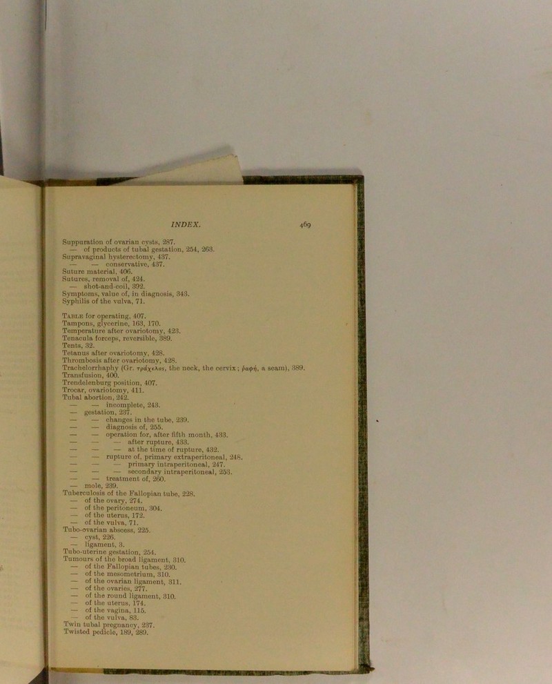 Suppuration of ovarian cysts, 287. — of products of tubal gestation, 254, 263. Supravaginal hysterectomy, 437. — — conservative, 437. Suture material, 406. Sutures, removal of, 424. — shot-and-coil, 392. Symptoms, value of, in diagnosis, 343. Syphilis of the vulva, 71. Table for operating. 407. Tampons, glycerine, 163, 170. Temperature after ovariotomy, 423. Tenacula forceps, reversible, 389. Tents, 32. Tetanus after ovariotomy, 428. Thrombosis after ovariotomy, 428. Trachelorrhaphy (Gr. rpdxf^os, the neck, the cervix; a seam), 389. Transfusion, 400. Trendelenburg position, 407. Trocar, ovariotomy, 411. Tubal abortion, 242. — — incomplete, 243. — gestation, 237. — — changes in the tube, 2.39. — — diagnosis of, 255. — — operation for, after fifth month, 433. — — — after rupture, 4.33. — — — at the time of rupture, 432. — — rupture of, primary extraperitoneal, 248. — — — primary intraperitoneal, 247. — — — secondary intraperitoneal, 253. — — treatment of, 260. — mole, 239. Tuberculosis of the Fallopian tube, 228. — of the ovary, 274. — of the peritoneum, 304. — of the uterus, 172. — of the vulva, 71. Tubo-ovarian abscess, 225. — cyst, 226. — ligament, 3. Tubo-uterine gestation, 254. Tumours of the broad ligament, 310. — of the Fallopian tubes, 230. — of the mesomotrium, 310. — of the ovarian ligament, 311. — of the ovaries, 277. — of the round ligament, 310. — of the uterus, 174. — of the vagina, 115. — of the vulva, 83. Twin tubal pregnancy, 237. Twisted pedicle, 189, 289.