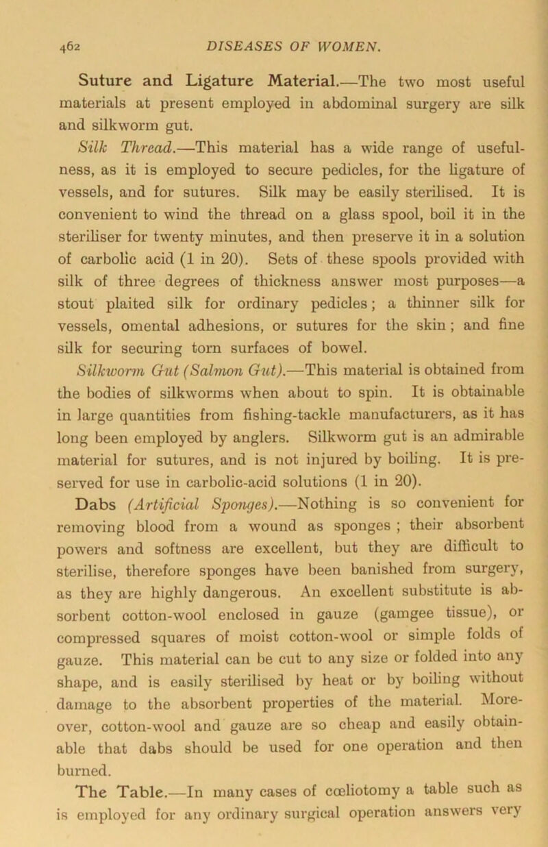 Suture and Ligature Material.—The two most useful materials at present employed iu abdominal surgery are silk and silkworm gut. Silk Thread.—This material has a wide range of useful- ness, as it is employed to secure pedicles, for the ligature of vessels, and for sutures. Sdk may be easily sterilised. It is convenient to wind the thread on a glass spool, boil it in the sterihser for twenty minutes, and then preserve it in a solution of carbolic acid (1 in 20). Sets of these spools provided with silk of three degrees of thickness answer most purposes—a stout plaited silk for ordinary pedicles; a thinner silk for vessels, omental adhesions, or sutures for the skin; and fine silk for securing tom surfaces of bowel. Silkworin Gut (Salman Gut).—This material is obtained from the bodies of silkworms when about to spin. It is obtainable in large quantities from fishing-tackle manufacturers, as it has long been employed by anglers. Silkworm gut is an admirable material for sutures, and is not injured by boiling. It is pre- served for use in carbolic-acid solutions (1 in 20). Dabs (Artificial Sponges).—Nothing is so convenient for removing blood from a wound as sponges ; their absorbent powers and softness are excellent, but they are difficult to sterilise, therefore sponges have been banished from surgery, as they are highly dangerous. An excellent substitute is ab- sorbent cotton-wool enclosed in gauze (gamgee tissue), or compressed squares of moist cotton-wool or simple folds of gauze. This material can be cut to any size or folded into any shape, and is easily sterilised by heat or by boiling without damage to the absorbent properties of the material. More- over, cotton-wool and gauze are so eheap and easily obtain- able that dabs should be used for one operation and then burned. The Table.—In many cases of cmliotomy a table such as is employed for any ordinary surgical operation answers very