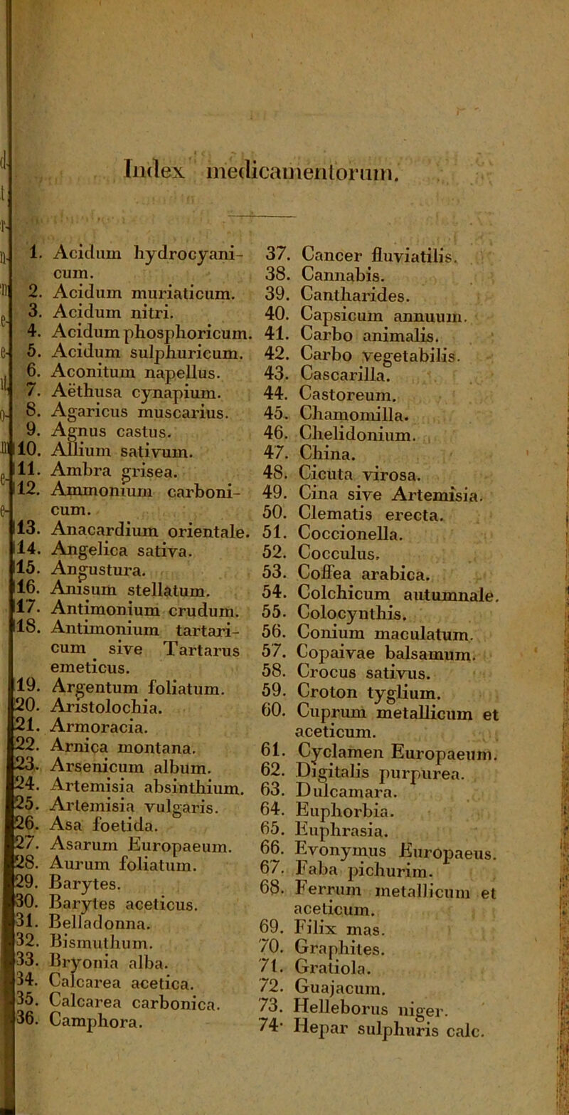 (1- I Index inedicainenlomin. T- 1). 1. Acidiun hydro cyani- cuin. II 2. Acidiim muriaticum. p 3. Acidum nitri. 4. Acidum phosphoricum. e- 5. Acidum sulphuricum. 6, Aconitum napellus. 7. Aethusa cyuapium. 1). 8. Agaricus muscarius. 9. At jnus castus. I'M 10. Allium sativum, j 11. Ambra grisea. 12. Ammonium carboni- e- cum. 13. Anacardium orientale. 14. Angelica saliva. 15. Angustura. 16. Anisum stellatum. 17. Antimonium crudum. 18. Antimonium tartari- cum ^ sive Tartarus emeticus. 19. Argentum foliatum. 20. Aristolochia. 21. Armoracia. 22. Arnica montana. 23. Arsenicum album. 24. Artemisia absinthium. 25. Artemisia vulgaris. 26. Asa foetida. 27. Asarum Europaeum, 28. Aurum foliatum. 29. Barytes. 30. Barytes aceticus. 31. Belladonna. 32. Bisrnuthum. 33. Brv lia alba. 34. Ca Icarea acetica. 35. Calcarea carbonica. 36. Camphora. 37. Cancer fluviatilis. 38. Cannabis. 39. Cantharides. 40. Capsicum annuum. 41. Carbo animalis. 42. Carbo vegetabilis. 43. Cascarilla. 44. Castoreum. 45. Chamomilla. 46. Chelidonium. 47. China. 48. Cicuta virosa. 49. Cina sive Artemisia. 50. Clematis erecta. 51. Coccionella. 52. Cocculus, 53. Coffea arabica. 54. Colchicum autumnale. 55. Colocynthis. 56. Conium maculatum. 57. Copaivae balsamum, 58. Crocus sativus. 59. Croton tyglium. 60. Cuprum metallicum et aceticum. 61. Cyclamen Europaeum. 62. Digitalis purpurea. 63. Dulcamara, 64. Euphorbia. 65. Euphrasia. 66. Evonymus Europaeus. 67. Faba pichurim. 68. Ferrum metallicum et aceticum. 69. Filix mas. 70. Graphites. 71. Graliola, 72. Guajacum. 73. Helleborus niger. 74” Hepar sulphuris calc.