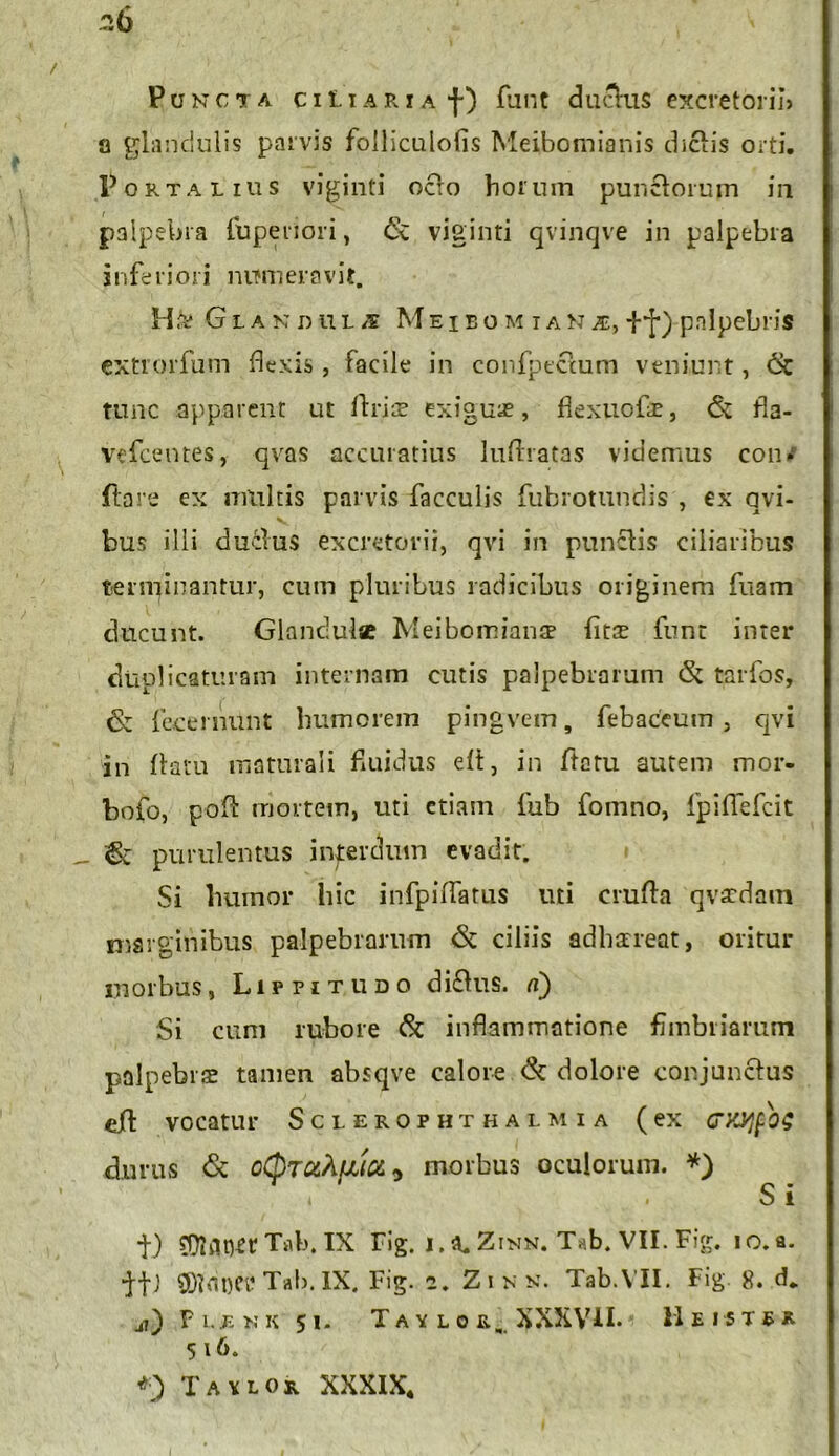 Puncta citi ari a f) funt ductus excretorii» a glandulis parvis folliculofis Meibornianis diclis orti. Porta l ius viginti octo horum punftorum in palpebra fuperiori, <Sc viginti qvinqve in palpebra inferiori numeravit. H& Giandiu5 Meibomiani, +•{•) palpebris extrorfum flexis, facile in confptccum veniunt, <3c tunc apparent ut liris exiguae, flexuofs, & fla- vefcentes, qvas accuratius lufhatas videmus con* flare ex multis parvis faeculis fubrotundis , ex avi- bus illi duclus excretorii, qvi in punctis ciliaribus terminantur, cum pluribus radicibus originem fiiam ducunt. Glandula Meibomianae litae funt inter duplicaturam internam cutis palpebrarum & tarfos, & fecernunt humorem pingvem, febaceum , qvi in flatu maturali fluidus elt, in ftetu autem mor- boio, pofl: mortem, uti etiam fub fomno, fpiflefeit & purulentus injterdutn evadit. Si humor hic infpilfatus uti crufta qvaedam marginibus palpebrarum <Sc ciliis adhaereat, oritur morbus, Lippitudo di£his. n) Si cum rubore & inflammatione fimbriarum palpebras tamen absqve calore & dolore conjunctus cil vocatur Sclerophthalmia (ex CTKtffOS durus & q(QtciXfJAGL 5 morbus oculorum. *) < .Si t) Tah. IX Fig. i.*lZinn. Tab. VII. Fig. io.a. ifl 8)101)0? Tab. IX. Fig. 2. Zinn. Tab.VII. Fig. 8. d. j7) Fljenk 51. T a v l o &.. XXXVII. 11 e i s t e * 5 16. Tavlox XXXIX4