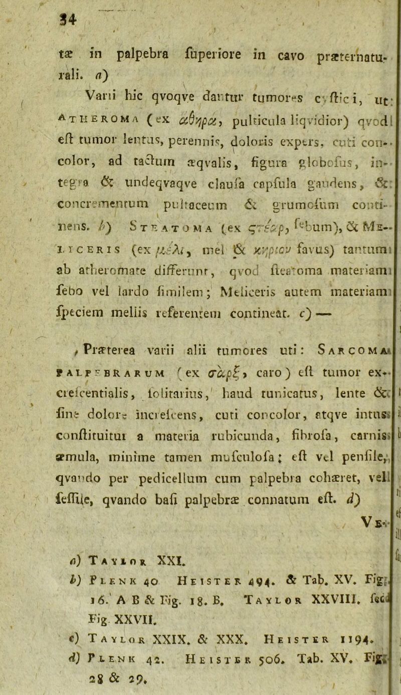 tae in palpebra fupeiiore in cavo praterhatu- rali. «) Vani hic qvoqve dantur tumoivs c ftici, ut: Atheroma (ex ah'/jpcty pulticula liqvidior) qvod efl tumor lentus, perennis, doloris expers. cuti con-- color, ad taclurn ffqvalis, figura globofus, in- tegta & undeqvaqve clnufa capfula gaudens, & concremenrum puhaceum £c gru medum conti- nens. b) Steatoma (ex gnh.p, ^bum), & Me- i, iceris (ex jieXiy mei t$c xypiav favus) tantum ab atheromate differunr, qvod fteetoma materiam i febo vel lardo fimilem; Meliceris autem materiam fptciem meliis referentem contineat, c) — , Prarterea varii alii tumores uti: Sarcoma*! Faefabrarum (ex (TC-p^y caro) efl tumor ex< crefcentialis, folitarms, haud tunicatus, lente 6c 11 fine dolore inoelcens, curi concolor, etqve intus Ii conftituitui a materia rubicunda, fihrofa, carnisslb aemula, minime tamen mufculofa; eft vd penfile, qvando per pedicellum cum palpebra cohaeret, velli fefliie, qvando bafx palpebrae connatum eft. d) Vs*. fi) T a v i n k. XXI. I) Plf. nk 40 He ister 494» & Tab. XV. Fig i 6. A B Si Fig. 18. B, Taylor XXVIII. iscJ Fig. XXVII. c) Taylor XXIX. & XXX. Heister i 194» d) Ple,nk 42. Heister 506. Tab. XV» Fig. 28 & 29,