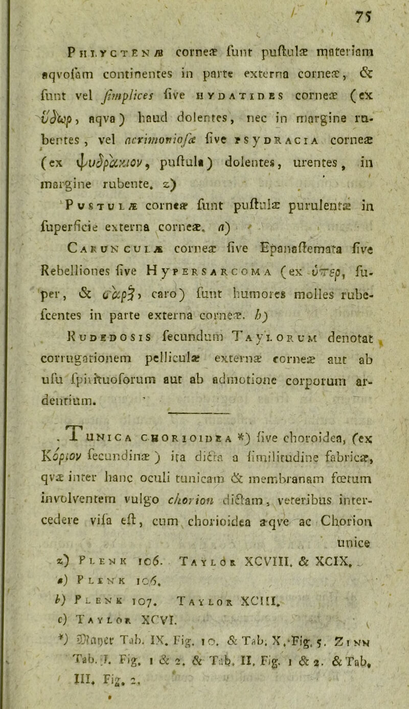 7$ PiiT.ycTENyu comes funt pufluis materiam nqvofam continentes in parte externa comes, funt vel fimplices five iivdatides comes (ex U&lPj aqva ) haud dolentes, nec in margine ra- bentes, vel ncrhnortiofa five r s y d r a c i a comes (ex \]svSpcCitov, pudui*) dolentes, urentes, iii margine rubente, z) P v s t u l /e comes funt puftuis purulenta! in fuperficie externa comes, a) Caruncula comes five Epanoflemata fve Rebelliones five H yp er sarcoma (ex vTep1 fu- per, & o &p% i caro) funt humores molles rubc- fcentes in parte externa comes, b) Kudedosis fecundum 7' a y i. o r u m denotat covrugationem pellicula? exterus cornes aut ab ufu fp i lituo forum aut ab admotione corporum ar- denti mn. .T unica chorioidea*) five choroidea, fex Kopiov fecundius ) ita diira a fmilitudine fabricar, qvs inter hanc oculi tunicam & membranam foetum involventem vulgo c/ter ion cliflam, veteribus inter- cedere vifa tfl, cum chorioidea a-qve ac Chorion unice *) Pievk tc6. Taylor XCVIII, & XCIX. „ m) Plink ic^. b) Plenk 107. Taylor XCUI. c) Tavloi xrvi. *) CltjCr Tabi IX. Fig. io. & Tab, X,‘Fig, 5. Zinn Tab.1. Fig, 1 & 2. & Tai. II. Fig.' 1 & 2. &Tab,