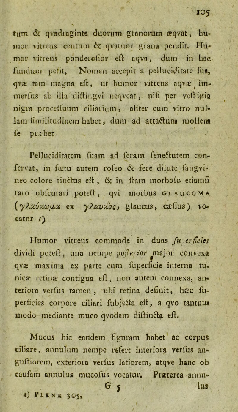 IC£ tam & qvadraginta duorum granorum srqvat, hu- mor vitreus centum <Sc qvatuor grana pendir. Hu- mor vitreus ponderofior eft aqva, duin in hac fundum petit* Nomen accepit a pelluciditate fua, qva: rem magna eft, ut humor vitreus aqvae im- merfus ab illa diftingvi neqvcat, nili per veftigia nigra procefliium ciliarium, aliter cum vitro nul- lam limilitudinem habet, dum ad attactum mollem fe prabet Pellucidiratem fuam ad feram fene&utem con- fervat, in feetu autem rofeo & fere dilute fangvi- neo colore tinctus eft , & in ftatu morbolo eriamfi raro obfcurari poteft, qvi morbus glaucoma ex yheiUKQS) glaucus, cafius) vo- catnr Humor vitreus commode in duas fu crficies dividi poteft, una nempe pojieuor major convexa qvas maxima ex parte cum fuperficie interna tu- nicae retinae contigua eft, non autem connexa, an- teriora verfus tamen, ubi retina definit, ha?c fu- perficies corpore ciliari fubje6ta eft, a qvo tantum modo mediante muco qvodam diftincta eft. Mucus hic eandem figuram habet ac corpus ciliare, annulum nempe refert interiora verfus an- guftiorem, exteriora verfus latiorem, atqve hanc ob caufam annulus mucofus vocatur. Praeterea annu- G 5 ius t) PllNK 305.