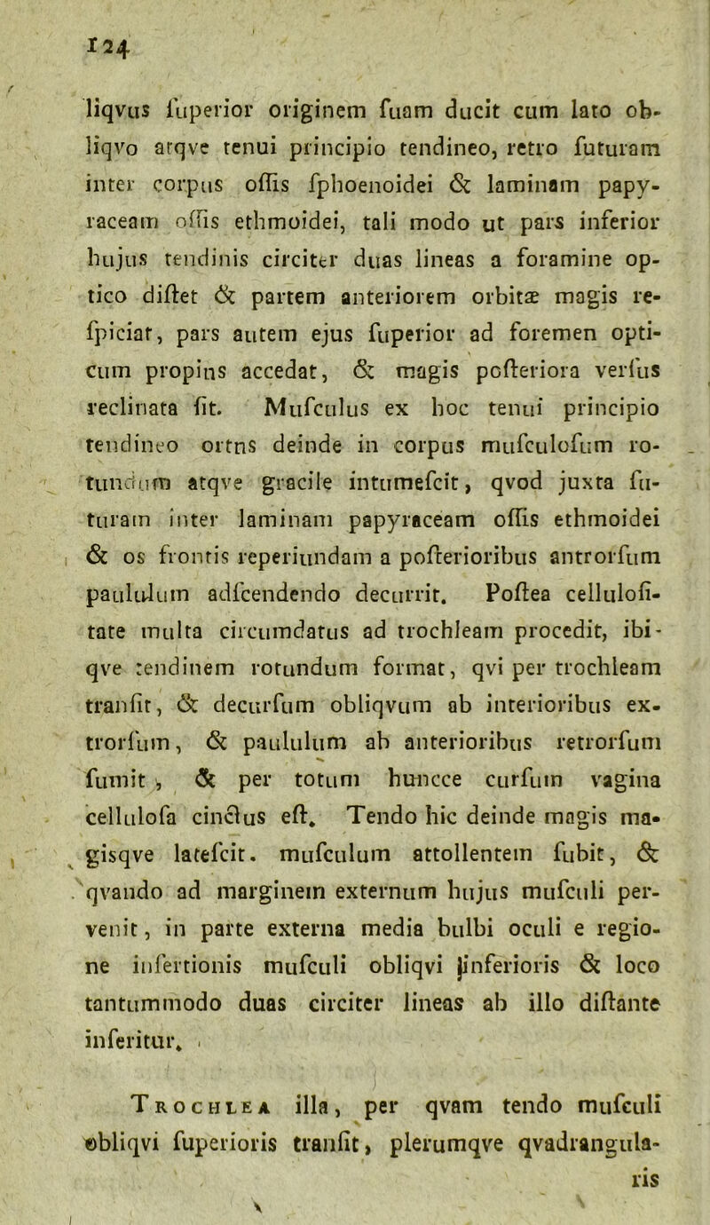 liqvus luperior originem fuam ducit cum laro ob- liqvo arqve tenui principio tendineo, retro futuram inter corpus offis fphoenoidei & laminam papy- raceam offis ethmoidei, tali modo ut pars inferior hujus tendinis circiter duas lineas a foramine op- tico diftet & partem anteriorem orbitae magis re- fpiciat, pars autem ejus fuperior ad foremen opti- cum propius accedat, magis pcfteriora verfus reclinata fit. Mufculus ex hoc tenui principio tendineo ortns deinde in corpus mufculofum ro- tundum atqve gracile intumefcit, qvod juxta fu- turam inter laminam papyraceam offis ethmoidei & os frontis reperiundam a pofcerioribus antrorfum paulidum adfcendendo decurrit. Poftea cellulofi- tate multa circumdatus ad trochleam procedit, ibi - qve tendinem rotundum format, qvi per trochleam tranfit, & decurfum obliqvum ab interioribus ex- trorfum, & paululum ab anterioribus retrorfum fumit , <& per totum huncce curfum vagina cellulofa cinclus eft. Tendo hic deinde magis ma- gisqve latefcit. mufculum attollentem fubit, & qvando ad marginem externum hujus mufculi per- venit , in parte externa media bulbi oculi e regio- ne infertionis mufculi obliqvi (inferioris & loco tantummodo duas circiter lineas ab illo diftante inferitur, . Trochlea illa, per qvam tendo mufculi «bliqvi fuperioris tranfit, plerumqve qvadrangula- ris \