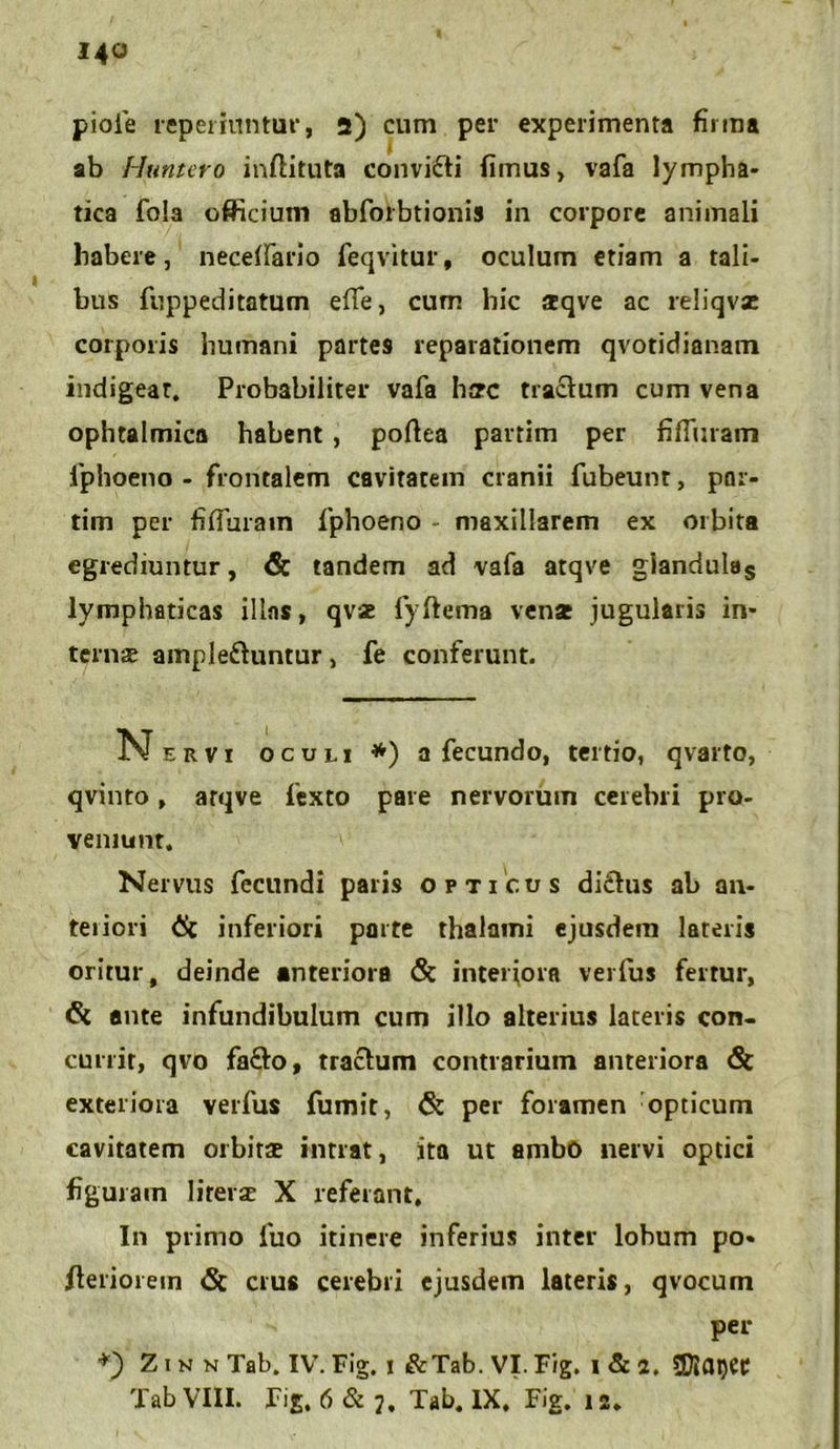 14« pioie reperiiintur, 2) cum per experimenta firma ab Humero inftituta convicti fimus, vafa lympha» tica fola officium abforbtionis in corpore animali habere, necefiario feqvitur, oculum etiam a tali- bus fuppeditatum effe, cum hic Jiqve ac reliqvx corporis humani partes reparationem qvotidianam indigear. Probabiliter vafa hcrc traclum cum vena ophtalmica habent, poftea partim per fifluram fplioeno - frontalem cavitatem cranii fubeunt, par- tim per fifluram fphoeno - maxillarem ex orbita egrediuntur, & tandem ad vafa atqve giandulas lymphaticas illas, qvse lyftema ven* jugularis in- ternae ample&untur, fe conferunt. N ERVI OCULI *) a fecundo, tertio, qvarto, qvinto, atqve fexto pare nervorum cerebri pro- veniunt. Nervus fecundi paris opticus di&us ab an- teriori <& inferiori parte thalami ejusdem lateris oritur, deinde anteriora & interjora verius fertur, ante infundibulum cum illo alterius lateris con- currit, qvo fa&o, traclum contrarium anteriora <5t exteriora verfus fumit, & per foramen opticum cavitatem orbitae intrat, ita ut ambo nervi optici figuram lirerac X referant. In primo fuo itinere inferius inter lobum po* Aeriorem <5c crus cerebri ejusdem lateris, qvocum per *) Z i n n Tab. IV. Fig. i &Tab. VI. Fig, i & a.