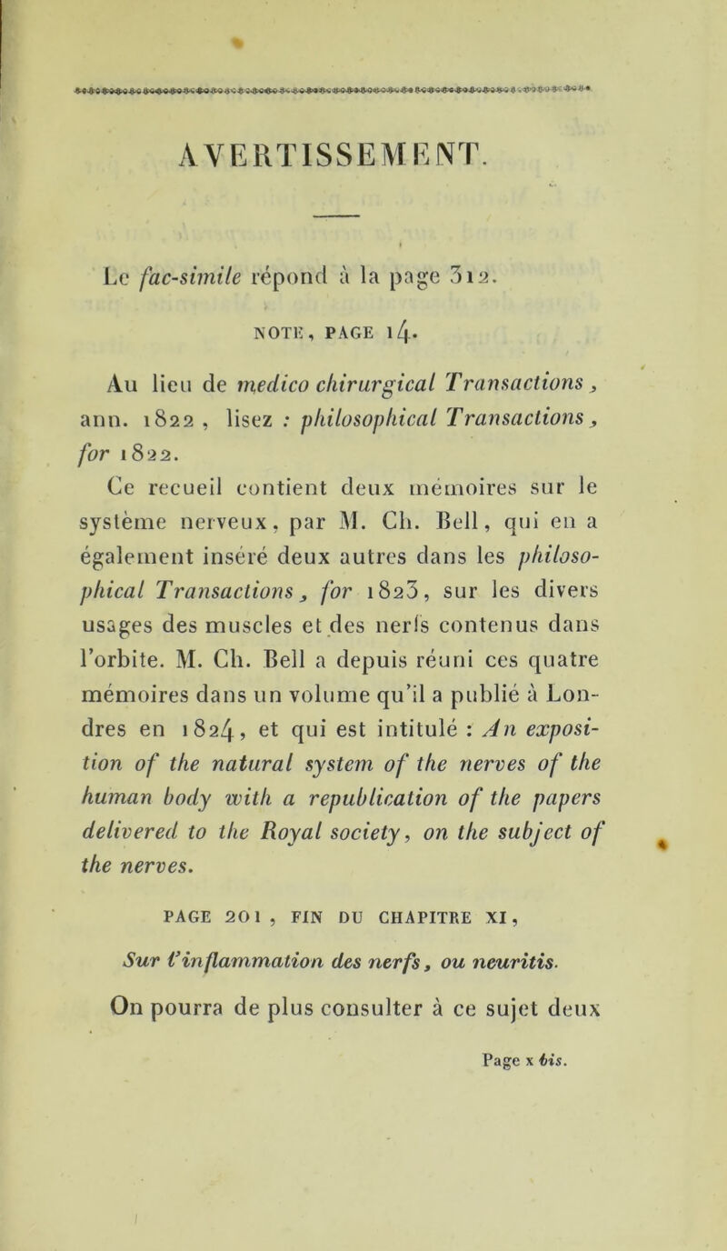 AVERTISSE MR NT. Le fac-similé répond à la page 512. NOTE, PAGE l4* Au lien de medico chirurgical Transactions, aim. 1822 , lisez : philosophical Transactions, for 1822. Ce recueil contient deux inënioires sur le système nerveux, par M. Ch. Bell, qui en a également inséré deux autres dans les piiiloso- pliical Transactions, for 1823, sur les divers usages des muscles et des nerls contenus dans l’orbite. M. Ch. Bell a depuis réuni ces quatre mémoires dans un volume qu’il a publié à Lon- dres en 1824, et qui est intitulé : An exposi- tion of the natural System of the nerves of tlie human body with a republication of the papers delivered to the Royal society, on the subject of the nerves. PAGE 201, FIN DU CHAPITRE XI, Sur Vinflammation des nerfs, ou neuritis. On pourra de plus consulter à ce sujet deux