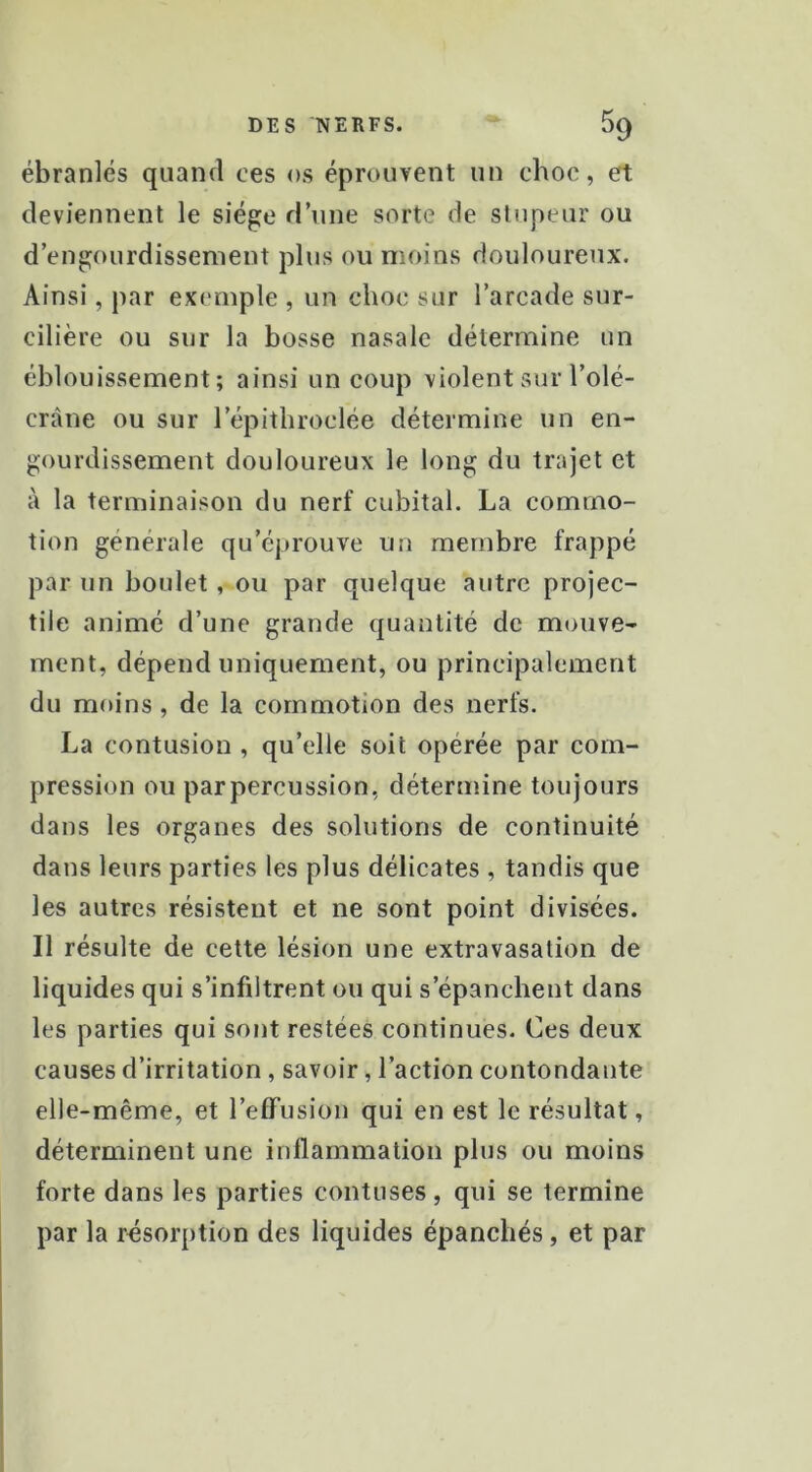 ébranlés quand ces os éprouvent un choc, et deviennent le siège d’une sorte de stupeur ou d’engourdissement plus ou moins douloureux. Ainsi, par exemple , un choc sur l’arcade sur- cilière ou sur la bosse nasale détermine un éblouissement; ainsi un coup violentsui l’olé- cràne ou sur l’épithroclée détermine un en- gourdissement douloureux le long du trajet et à la terminaison du nerf cubital. La commo- tion générale qu’éprouve un membre frappé par un boulet , ou par quelque autre projec- tile animé d’une grande quantité de mouve- ment, dépend uniquement, ou principalement du moins , de la commotion des nerfs. La contusion , qu’elle soit opérée par com- pression ou parpercussion, détermine toujours dans les organes des solutions de continuité dans leurs parties les plus délicates , tandis que les autres résistent et ne sont point divisées. Il résulte de cette lésion une extravasation de liquides qui s’infiltrent ou qui s’épanchent dans les parties qui sont restées continues. Ces deux causes d’irritation, savoir, l’action contondante elle-même, et reffusion qui en est le résultat, déterminent une inflammation plus ou moins forte dans les parties contuses, qui se termine par la résorption des liquides épanchés, et par