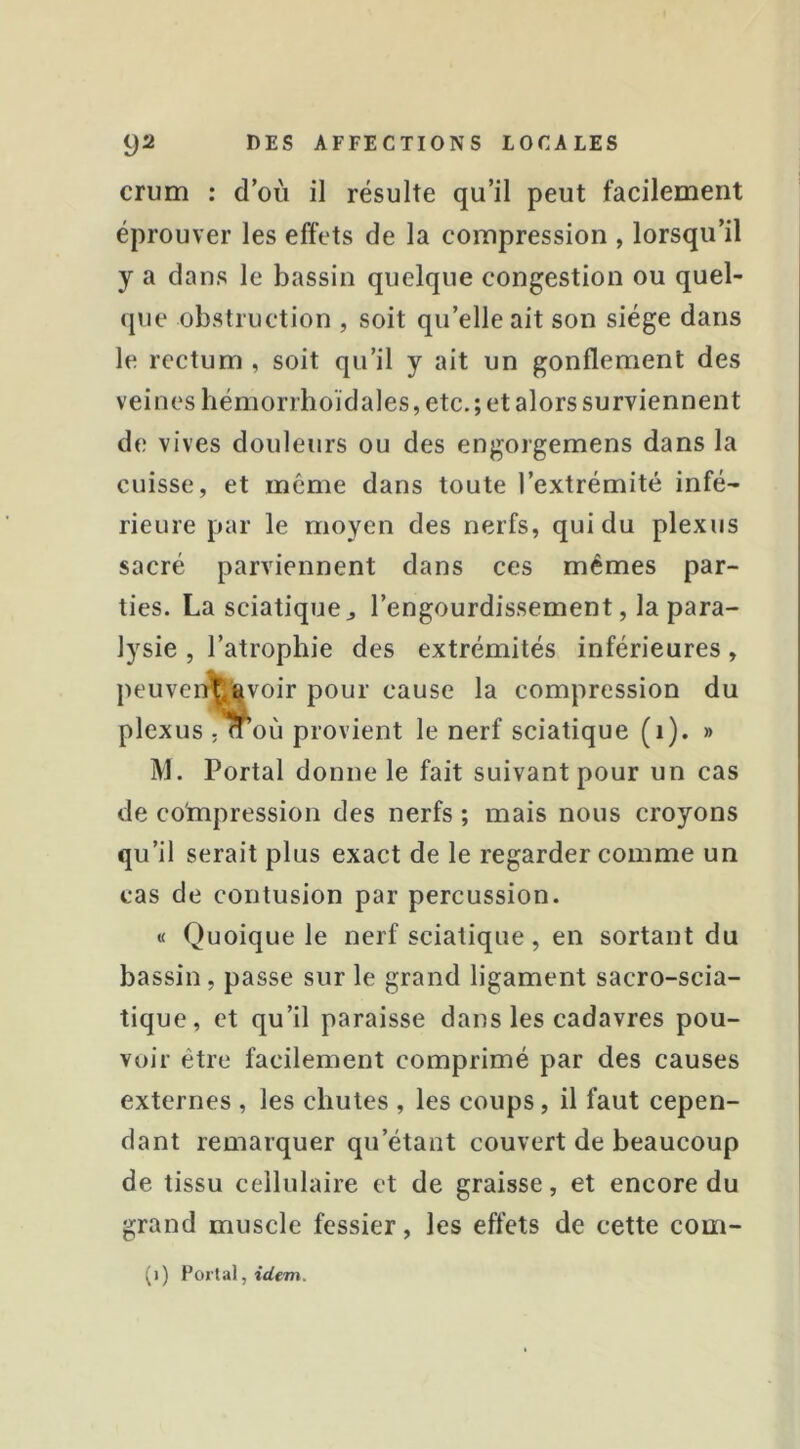 crum : d’où il résulte qu’il peut facilement éprouver les effets de la compression , lorsqu’il y a dans le bassin quelque congestion ou quel- que obstruction , soit qu’elle ait son siège dans le rectum , soit qu’il y ait un gonflement des veines hémorrhoïdales, etc.; et alors surviennent de vives douleurs ou des engorgemens dans la cuisse, et même dans toute l’extrémité infé- rieure par le moyen des nerfs, qui du plexus sacré parviennent dans ces mêmes par- ties. La sciatique J l’engourdissement, la para- lysie , l’atrophie des extrémités inférieures, peuvenm|voir pour cause la compression du plexus 5 n où provient le nerf sciatique (i). » M. Portai donne le fait suivant pour un cas de compression des nerfs ; mais nous croyons qu’il serait plus exact de le regarder comme un cas de contusion par percussion. « Quoique le nerf sciatique, en sortant du bassin, passe sur le grand ligament sacro-scia- tique, et qu’il paraisse dans les cadavres pou- voir être facilement comprimé par des causes externes , les chutes , les coups, il faut cepen- dant remarquer qu’étant couvert de beaucoup de tissu cellulaire et de graisse, et encore du grand muscle fessier, les effets de cette com- (i) Portai, idem.