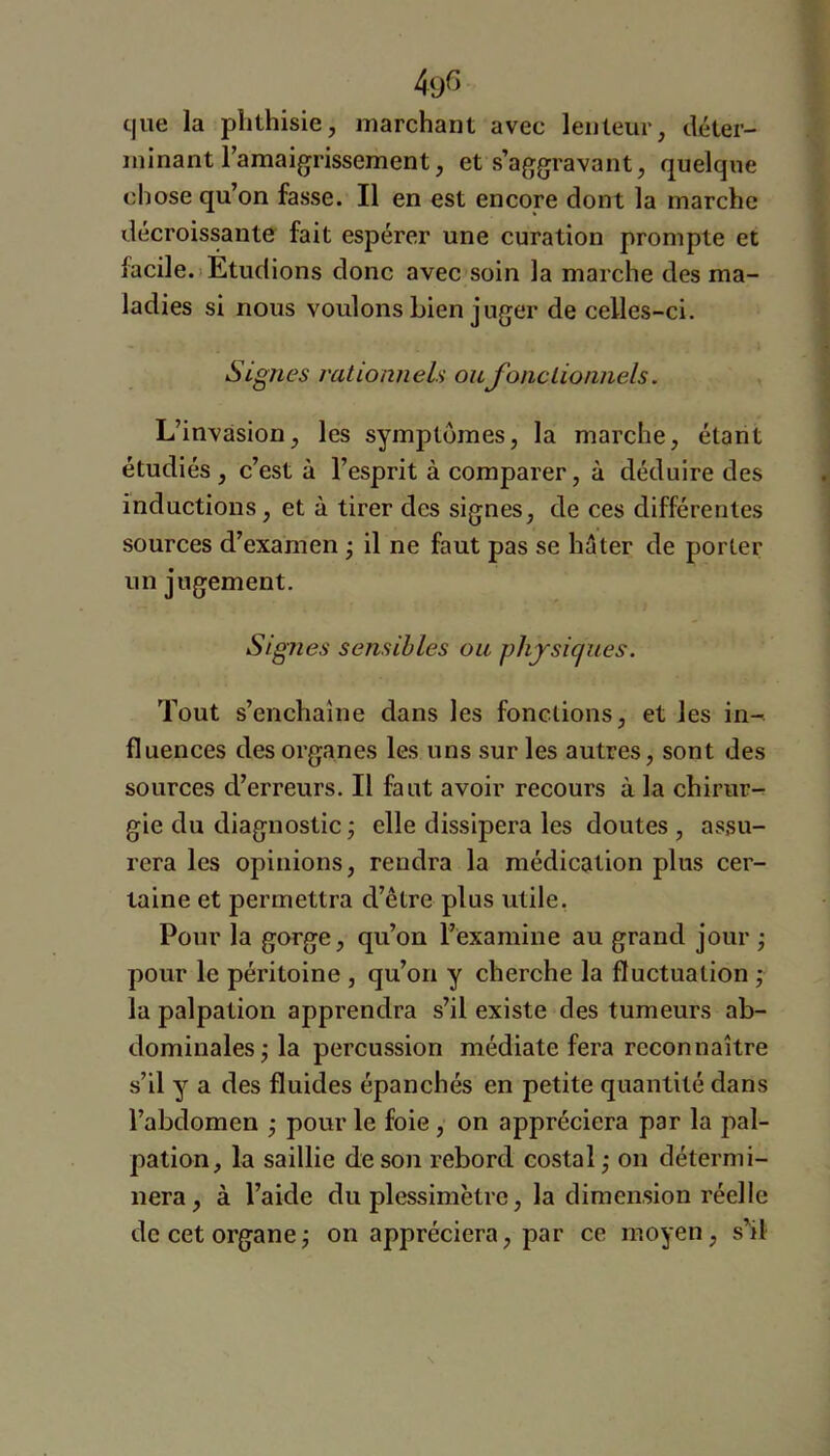 49^5 c|ue la phthisie, marchant avec lenteur, déter- minant ramaig^rissement, et s’aggravant, quelque chose qu’on fasse. Il en est encore dont la marche décroissante fait espérer une curation prompte et facile.)Etudions donc avec soin la marche des ma- ladies si nous voulons Lien juger de celles-ci. Signes rationnels ou fonctionnels. L’invasion, les symptômes, la marche, étant étudiés , c’est à l’esprit à comparer, à déduire des inductions, et à tirer des signes, de ces différentes sources d’examen ^ il ne faut pas se hâter de porter un jugement. Signes sensibles ou physiques. Tout s’enchaîne dans les fonctions, et les in- fluences des organes les uns sur les autres, sont des sources d’erreurs. Il faut avoir recours à la chirur- gie du diagnostic j elle dissipera les doutes , assu- rera les opinions, rendra la médication plus cer- taine et permettra d’être plus utile, Pour la gorge, qu’on l’examine au grand jour ; pour le péritoine , qu’on y cherche la fluctuation ; la palpation apprendra s’il existe des tumeurs ab- dominales j la percussion médiate fera reconnaître s’il y a des fluides épanchés en petite quantité dans l’abdomen • pour le foie, on appréciera par la pal- pation, la saillie de son rebord costal ; on détermi- nera, à l’aide du plessimètre, la dimension réelle de cet organe j on appréciera, par ce moyen, s’il