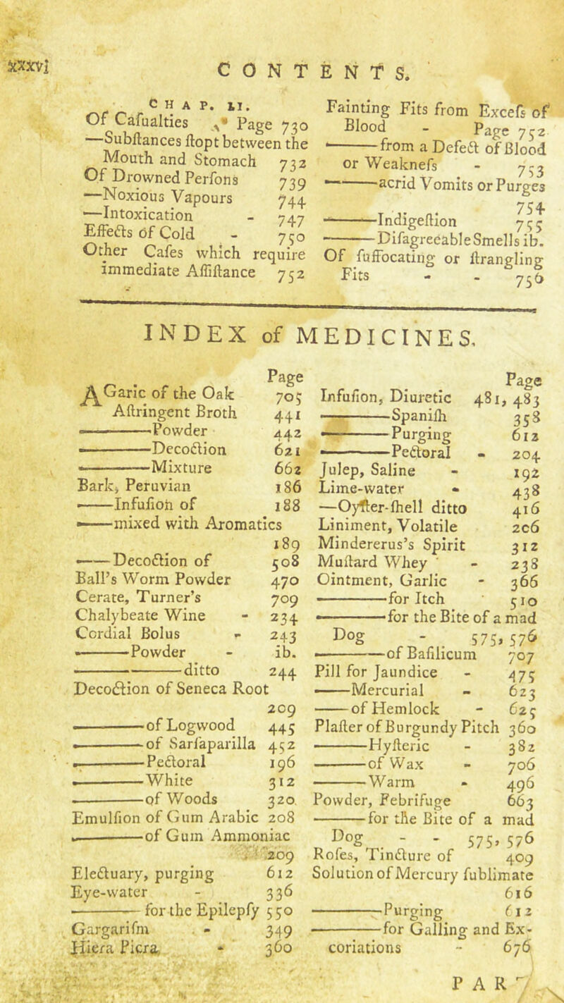 •> ■ Sixxv] CONTENTS. C H A P. 11. Or Cafualties Page 730 •—Subftances llopt between the Mouth and Stomach 732 Of Drowned Perfons 739 —Noxious Vapours 744. '—Intoxication - 747 Effefts of Cold - 750 Other Cafes which require immediate AlTiftance 752 Fainting Fits from Excels of Biood - Page 752 -from a Defeft of Blood or Weaknefs - 7-j ‘acrid Vomits or Purges T a- 75 + —^—Indigeition 755 BifagrecableSmells ib. Of fulFocating or llrangling Fits - - 75b INDEX of MEDICINES, Page ^Garlc of the Oak 70; Aftringent Broth 441 ’Powder 442 ■ —Decoflioti 621 • Mixture 662 Bark* Peruvian 186 —— Infufioh of 188 — mixed witli Aromatics 189 ——Decoflion of 508 Ball’s Worm Powder 470 Cerate, Turner’s 709 Chalybeate Wine - 234 Cordial Bolus - 243 • Powder - ib. ditto Decoiiion of Seneca Root 244 209 -of Logwood 445 -of Sarfaparilla 452 -Pedtoral 196 -White 312 -of Woods 320. Emulfion of Gum Arabic 208 — of Gum Ammoniac •■■'^^209 Eleduary, purging 612 Eye-water - 336 ■ for the Epilepfy 5 50 Gargarifm - 349 jiiera Picra, * 360 Page Infufion, Diuretic 481, 483 ■———Spanilh 358 • Purging 612 — ■■ Pedoral - 204 Julep, Saline ■■ 192 Lime-water - 438 •—Oyfter-fhell ditto 416 Liniment, Volatile 206 Mindererus’s Spirit 31Z Muitard Whey ' - 238 Ointment, Garlic - 366 ———for Itch 510 Dog for the Bite of a mad - . 57S>57^ • ofBafilicum 707 Pill for Jaundice - 473 ■ Mercurial - 623 of Hemlock - 623 Plafter of Burgundy Pitch 360 Hyfteric - 382 of Wax - 706 Warm - 496 Powder, Febrifuge 663 for the Bite of a mad Dog - - 575, 576 Rofes, Tindlure of 409 Solution of Mercury fublimate 616 C'P'^rging 612 — for Galling and Ex- coriations - 676 PAR /