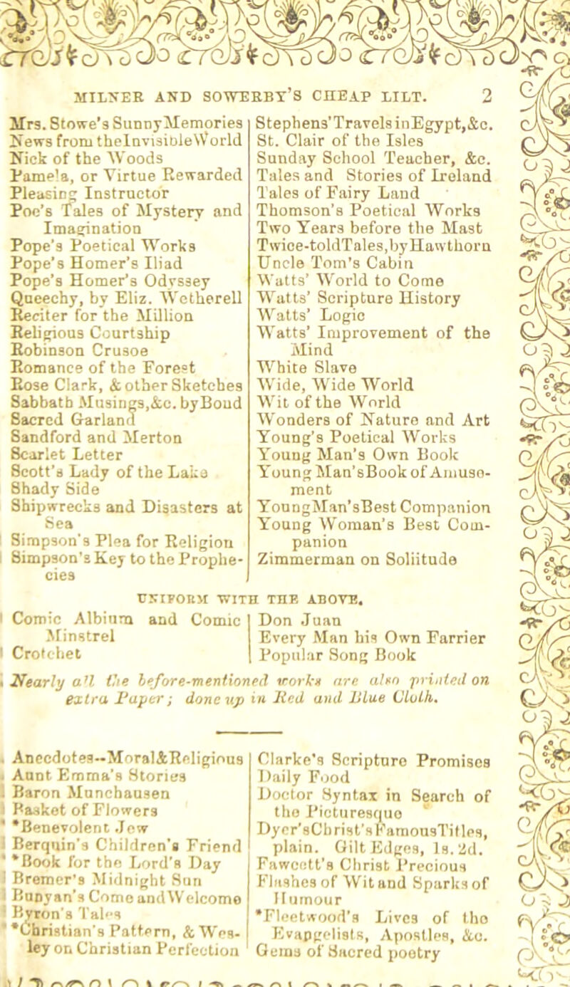 MILNER AND SOWERBY’S CDEAP LILT. Mrs. Stowe's SunnyMemories Jfews from thelavisiDleNVorld Nick of the Woods Pamela, or Virtue Rewarded Pleusinj; Instructor Poe’s Vales of Mystery and Ima^natiOQ Pope's Poetical Works Pope’s Homer’s Iliad Pope’s Homer’s Odyssey Queechy, by Eliz. Wetherell Inciter for the Million Religious Courtship Robinson Crusoe Romance of the Forest Rose Clark, & other Sketches Sabbath Musing,&c. byBoud Sacred Garland Sandford and Merton Scarlet Letter Scott’s Lady of the Lake Shady Side Shipwrecks and Disasters at Sea ! Simpsons Plea for Religion 1 Simpson’s Key to the Prophe- cies Stephens’TravelsinEgyptj&c. St. Clair of the Isles Sunday School Teacher, &c. Tales and Stories of Ireland Tales of Fairy Laud Thomson’s Poetical Works Two Years before the Mast Twice-toldTales,by Hawthorn Uncle Tom’s Cabin Watts' World to Come Watts’ Scripture History Watts’ Logie Watts’ Improvement of the Mind White Slave Wide, Wide World Wit of the World Wonders of Nature and Art Young’s Poetical Works Young Man’s Own Book Young Man’sBook of Amuse- ment YoungMan’sBest Companion Y’oung Woman’s Best Com- panion Zimmerman on Soliitude ryrPOBM WITH THE ABOVE, I Comic Albinm and Comic isrinstrel I Crotchet Don Juan Every Man his Own Farrier Popular Song Book \ Nearly aH Vie before-mentioned vorkit are ahn friiiied on extra l*aper; done up in died and Blue Clulk, . Anecdotes—Moral&Religinus * Aunt Emma’s Stones ^ Baron Munchausen 1 Basket of Flowers * *Benevolent Jew : Berquin’s Children’s Friend ^ * *Book for the Lord’s Day * Bremer’s Midnight Sun 2 Buoyan’s Como and Welcome * Boon’s Tal‘*s ••Christian’s Pattern, & Wes- ley on Christian Perfection Clarke’s Scripture Promises Daily Food Doctor Syntax in Search of the Picturesque Dycr'sCbrist’sFamousTitles, plain. Gilt Edges, Is. 2d. Fawcett’s Christ Precious Flashes of Wit and Sparks of Humour •Fleetwood’s Lives of tho Evapgelists, Apostles, &c. Gems of Sacred poetry