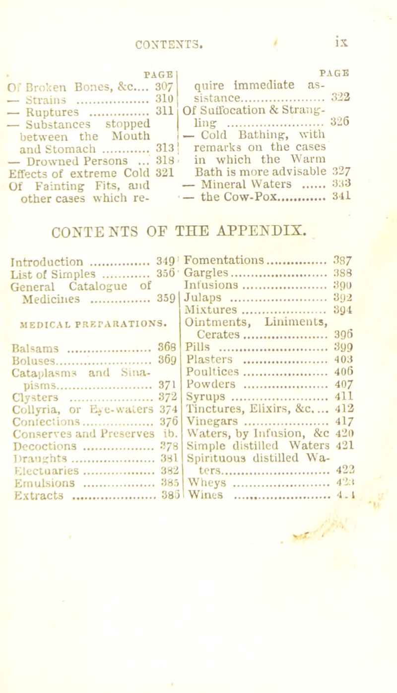 PAGE! PAGE or Broken Bones, &c.... 307 quire immediate as- 322 — Strains 310 sistance — Ruptures 311 Of Suffocation & Strang- 326 — Substances stopped ! lioff :••• between the Mouth — Cold Bathing, witli and Stomach 313 1 remarks on the cases — Drowned Persons ... 318 in which the Warm Effects of extreme Cold 321 Bath is more advisable 327 Of Fainting Fits, and — Mineral Waters 333 other cases which re- — the Cow-Pox 34i COIJTENTS OF THE APPENDIX. Introduction 349 List of Simples 3o6' General Catalogue of Medicines 359 MEDICAL PREPARATIONS. Balsams 368 Boluses 36y Cataplasms and Sina- pisms 371 Clysters 37^ Collyria, or H* e-waters 374 Coriiections 376 Con.serves and Preserves ib. Decoctions 378 Drauichts 38l Klectuaries 382 Krnulsioris 385 Extracts 3dJ Fomentations 387 Gargles 3S8 Infusions 39a Julaps 31)2 Mixtures 394 Ointments, Liniments, Cerates 396 Pills 399 Plasters 403 Poultices 406 Powders 407 Syrups 4ll Tinctures, Elixirs, &c.... 412 Vinegars 41/ Waters, by Infusion, &c 420 Simple distilled Waters 421 Spirituous distilled Wa- ters 423 Wheys 4‘i3 Wines 4.1