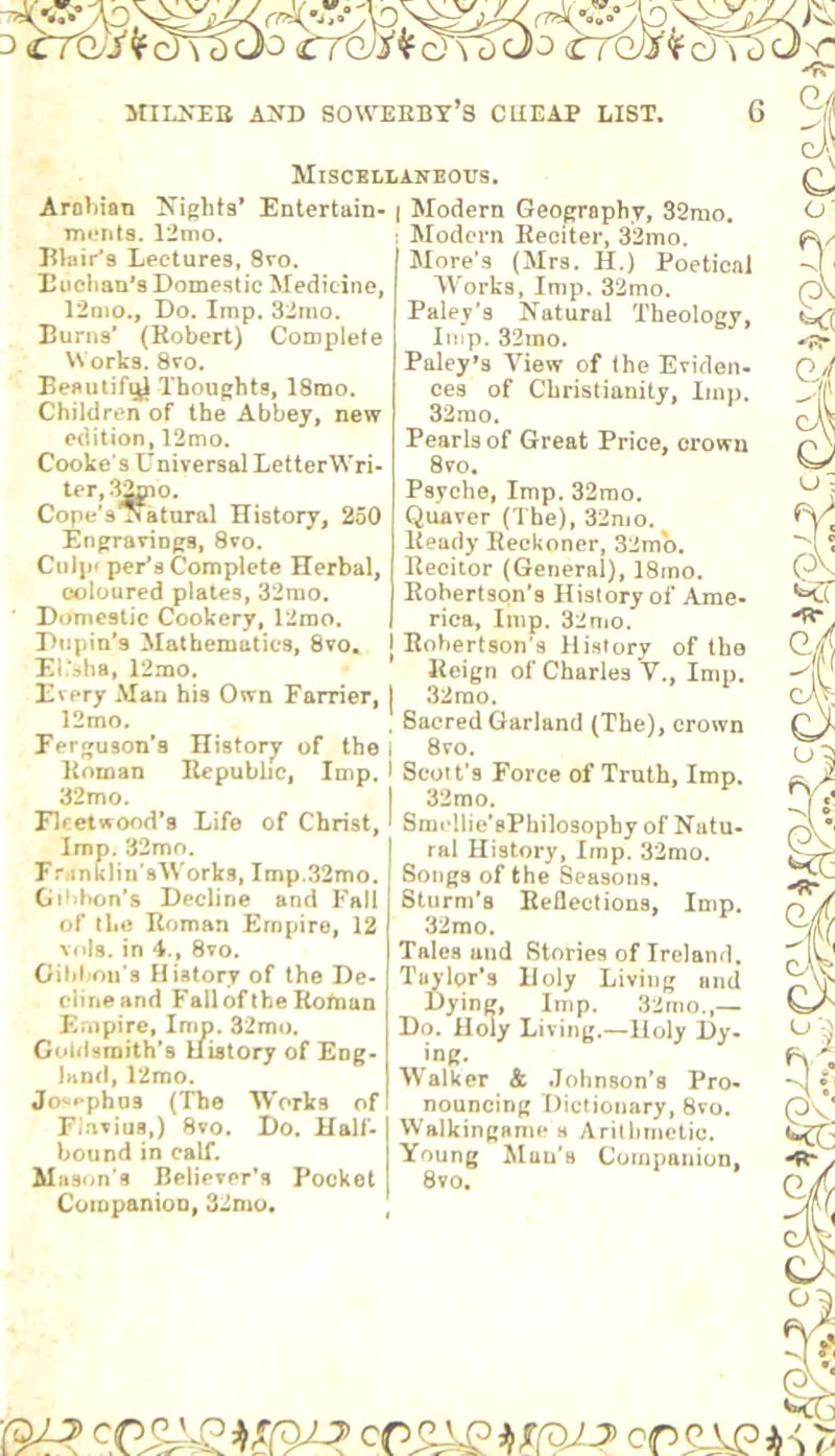 Miscellaneous. Arobian Kights* Entertain- | Modern Geography, 32mo. ments. 12mo, : Modern Reciter, 32mo. Blair's Lectures, 8ro. Eoclian^s Domestic Medicine, I2nio., Do. Imp. 32tno. Burns’ (Robert) Complete Works. 8vo. Beeuiifj^ Thoughts, 18mo. Children of the Abbey, new edition, 12mo. Cooke's Universal LetterWri- ter, 32mo. Cope's'^atural History, 250 Engravings, 8vo. Culp' par's Complete Herbal, ooloured plates, 32nio. Domestic Cookery, l2mo. Dupin’s Mathematics, 8vo. Ei.’sha, 12mo. Every Man his Own Farrier, 12mo. Ferguson’s History of the Roman Republic, Imp. 32mo. Fleetwood’s Life of Christ, Imp. 32mo. FnmKlin’sWork.s, Imp.32mo. Gif»hon’s Decline and Fall of the Roman Empire, 12 Mils, in 4., 8vo. Gibbon's History of the De- cline and Fall ofthe Roman Empire, Imp. 32mo. Gonisroith’s History of Eng- lnn<l, l2mo. Jo'‘#*pho9 (The Works of Flavius,) 8vo. Do. Half- bound in calf. Mas'jn's Believer’s Pocket Companion, 3Jmo. More’s (Mrs. H.) Poetical Works, Imp. 32mo. Palev’s Natural Theology, Iinp. 32mo. Paley»3 View of the Eviden- ces of Christianity, linn. 32mo. Pearls of Great Price, crown 8vo. Psyche, Imp. 32rao. Quaver (The), 32mo. Ready Reckoner, 32mo, Recitor (General), 18ino. Robertson’s History of Ame- rica, Imp. 32mo. I Robertson's History ofthe Reign of Charles V.. Inin. I 32rao. ^ . Sacred Garland (The), crown 8vo. Scott’s Force of Truth, Imp. 32mo. Smcllie’sPbilosophy of Natu- ral History, Imp. 32mo. Songs of the Seasons. Sturm’s Reflections, Imp. 32mo. Tales and Stories of Ireland. Taylor’s Holy Living and Dying, Imp. 32mo.,— Do. Holy Living.—Holy Dy- ing. Walker & Johnson's Pro- nouncing Dictionary, 8vo. Walkingame h Arillirnetic. Young Mali’s Companion, 8vo. cn CAP A