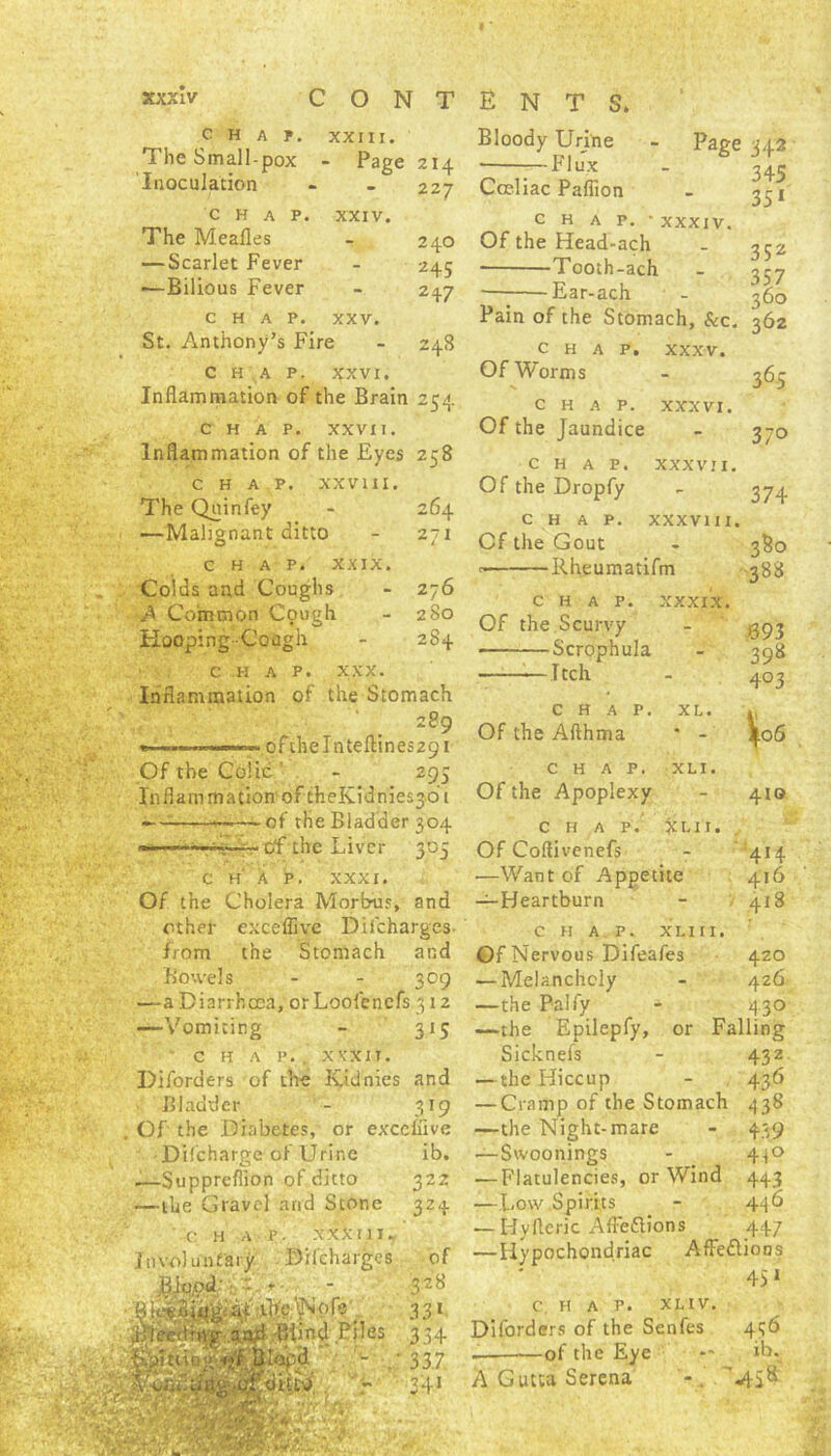 chap, xxiii. The Small-pox - Page Inoculation CONTENTS. Bloody Urine -Flux 214 227 240 245 247 248 254 258 264 271 Page C H A P. XXIV. The Mealies — Scarlet Fever ■—Bilious Fever CHAP. XXV. St. Anthony’s Fire CHAP. XXVI. Inflammation of the Brain CHAP. XXVII. Inflammation of the Eyes CHAP. XXVIII. The Qninfey —Malignant ditto CHAP. XXIX. Colds and Coughs - 276 A Common Cough - 280 Hooping-Cough - 2S4 CHAP. XXX. Inflammation of the Stomach 289 ~oftheInteflines29i Of the Colic7 - 295 Inflammation oftheKidniesjoi — of the Bladder 304 — cf the Liver 305 CH AP. XXXI. Of the Cholera Morbus, and other exceffivc Difcharges from the Stomach and Bowels - - 309 —a Diarrhoea, orLoofencfs 312 —Vomiting - 315 ' CHAP. XVXIT. Diforders of the Kidnies and Bladder - 319 Of the Diabetes, or exceffive ■ Difcharge of Urine ib. -—Suppreflion of ditto 322 —the Gravel and Stone 324 ' c H A P. XXXII I. Involuntary Dilcharges of jbio.od- is'-'-* - 328 331 Piles 334 - ~ WEKki'**'-'-' ■ 341 Coeliac Paffion chap.- xxxiv. Of the Head-ach Tooth-ach Ear-ach • - Pain of the Stomach, &c. CHAP. Of Worms xxxv. CHAP. xxxvi. Of the Jaundice CHAP. xxxvii. Of the Dropfy CHAP. XXXVIII. Cf the Gout Rheumatifm CHAP. XXXIX. Of the Scurvy Scrophula —Itch CHAP. XL. Of the Afthma * - CHAP. XLI. Of the Apoplexy CHAP. jtLII. Of Coftivenefs •—Want of Appetite —Heartburn 342 345 351 352 357 360 362 365 37° 374 3S0 388 893 398 4°3 ^.06 410 414 416 418 CHAP. XLIII. Of Nervous Difeafes 420 — Melancholy - 426 —the Pal fy - 430 —the Epilepfy, or Falling Sicknefs - 432 — the Hiccup - 436 — Cramp of the Stomach 438 —the Night-mare - 439 —Swoonings - 4-jO — Flatulencies, or Wind 443 —Low Spirits - 4^6 — Hyfleric Affeftions 447 — Hypochondriac AfFe&ions 45 1 CHAP. XL IV. Diforders of the Senfes 436 — of the Eye — »b. A Gutta Serena -.