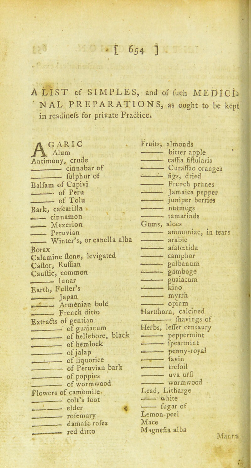 [ &54 ] A LIST of SIMPLES, and of fuch MEDICI- NAL PREPARATION Sj as ought to be kept in readinefs for private Fra&ice; Agaric Alum Antimony, crude ■ cinnabar of _ ——- fulphur of Balfam of Capivi of Peru of Tolu Bark, cafcarilla t — cinnamon „ Mezerion _ Peruvian Winter’s, orcanella alba Borax Calamine ftone, levigated Caftor, Ruffian Cauftic, common _ lunar Earth, Fuller’s - Japan ' -- - Armenian bole - French ditto Extracts of gentian _____— of guaiacum of hellebore, black - of hemlock . of jalap , ■ -7 of liquorice . of Peruvian bark —— of poppies -— of wormwood Flowers of camomile _ colt’s foot elder < — rofemary — damalk-rofe3 „ red ditto Fruits, almonds bitter apple caffia fiftularis • Curaflao oranges ■ — figs; dried — French prunes • Jamaica pepper ■ juniper berries -— nutmegs tamarinds Gums, aloes ammoniac, in tears arabic — afafcstida — camphor ——— galbanum gamboge — guaiacum kino myrrh . opium Hartlhorn, calcined — ffiavings of Herbs, lefler cencaury » peppermint . fpearmint . penny-royal .—: * favin ► ■ trefoil . — uva urii wormwood Lead, Litharge ■ white fugar of Lemon-peel Mace Magncfia alba Manns