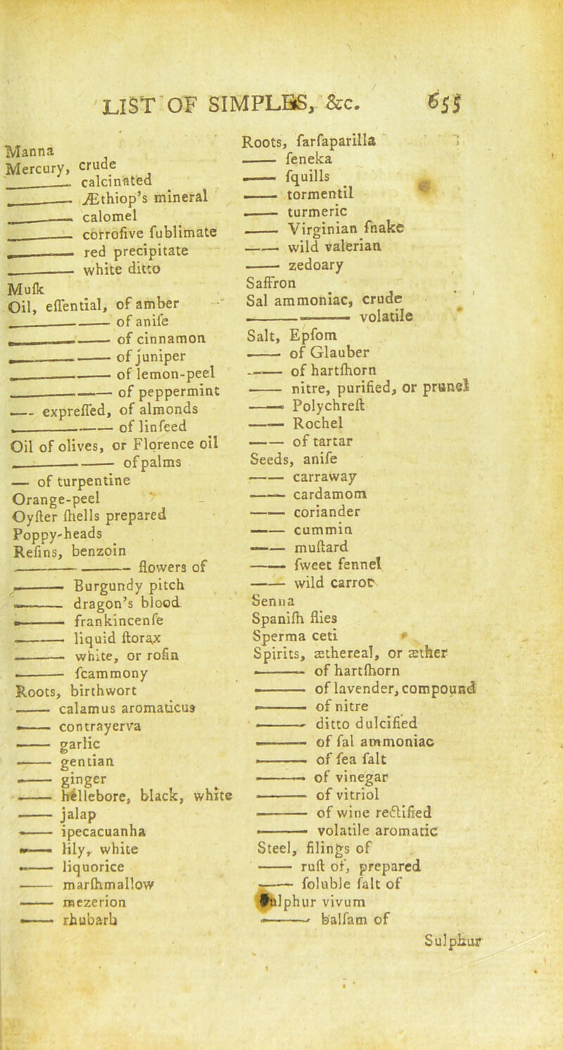 / \ LIST OF SIMPLHS, &c. 6J5 Manna Mercury, crude calcinated TEthiop’s mineral calomel corrofive fublimate _ red precipitate white ditto Mulk Oil, effential, of amber of anife , of cinnamon „ . of juniper , - of lemon-peel of peppermint exprefled, of almonds of linfeed Oil of olives, or Florence oil — of palms — of turpentine Orange-peel Oyfter (hells prepared Poppy-heads Refins, benzoin . flowers of Burgundy pitch dragon’s blood ■ — frankincenfe . liquid florae white, or rofm fcammony Roots, birthwort . calamus aromaticu9 • contrayerva ■ garlic gentian ■ ginger hfellebore, black, white jalap ipecacuanha -— lily, white liquorice marlhmallow naezerion • rhubarb Roots, farfaparilla . feneka . fquills tormentil . turmeric Virginian fnake wild valerian zedoary Saffron Sal ammoniac, crude . ■■ - volatile Salt, « Epfom . of Glauber of hartlhorn nitre, purified, or prunel — Polychreft Rochel of tartar Seeds, anife carraway cardamom coriander —— cummin —-— muftard fweet fennel wild carrot Senna Spanilh flies Sperma ceti * * Spirits, mthereal, or tether . of hartlhorn - ■ ■ ■ oflavender,compound of nitre — ditto dulcified — of fal ammoniac — of fea fait — of vinegar of vitriol — of wine reftified volatile aromatic Steel, filings of ruff of, prepared foluble fait of •nlphur vivum balfam of Sulphur