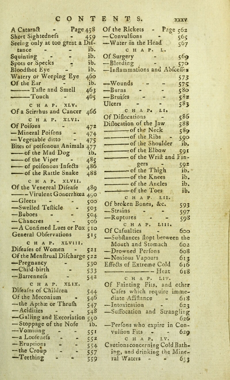 A Catara£l - Page 458 Short Sightediiefs - 459 Seeing only at too great a Dif- tance - - ib. Squinting _ - - ib. Spots or Specks - ib. Bloodlhot Eye - ib. Watery or Weeping Eye 460 Of the Ear - ib. —Tafte and Smell 463 Touch - 465 CHAP. XLV. Of a Scirrhus and Cancer 466 CHAP. XLVI. OfPoifons - 472 —Mineral Poifons - 474 —Vegetable ditto - 475 Bites of poifonous, Animals 477 ——of the Mad Dog ib, —-of the Viper - 485 — of poifonous Infefts 486 — of the Rattle Snake 488 CHAP. XLVII. Of the Venereal Difeafe 489 Virulent Gonorrhoea 490 —Gleets - ' - 500 —Swelled Tellicle - 503 —Buboes - - 504 — Chancres - - 506 —A Confimed Lues or Pox 510 General Obfervations 515 CHAP. XLVIII. Difeafes of Women - 521 Of theMenflrualDifcharge 522 —Pregnancy - 530 —Child-birth - 533 —Barrennefs - 542 CHAP. XLIX. Difeafes of Children 544 Of the Meconium • 546 —the Apthae or Thruih 547 —Acidities - - 548 —Galling and Excoriation 550 — Stoppage of the —Vomiting —a Loofenefs — Eruptions — the Croup —Teething Of the Rickets - Page 562 —^Convulfions - ' 565 —Water in the Head 567 CHAP. L. Of Surgery - 569 —Bleeding , - 57a —Inflammations and Abfcefles 575 —Wounds • - - 575 —Burns - - 580 —Bruifes - - 582 Ulcers - - 58 j CHAP# LI. Of Diflocations - 586 Diflocation of the Jaw 588 of the Neck 589 —of the Ribs - 590 .—■—of the Shoulder ib. — of the Elbow 591 — of the Wrifl: and Fin- gers ^ - 592 of the Thigh ib, - ——^of the Knees ib, , of the Ancles ib. - ■ -i-i of the Toes ib. CHAP. LII. Of broken Bones, &c, 595 — Strains - - 597 —Ruptures - - ^98 CHAP. LlII, Of Cafualties - 600 —Subftances flopt betvveen the Mouth and Stomach 602 —Drowned Perfons 608 —Noxious Vapours 61^ ElFedls of Extreme Cold 616 ~ ——Heat 618 CHAP. LIV. Of Fainting Fits, and other Cafes which require imm.e- diate AlTiflance - 618 —Intoxication - 623 —SuiFocation and Strangling 626 —Perfons who expire in Con- vulfion Fits - - 629 CHAP, LV. Cautions concerning Cold Bath- ing, and drinking the Mine- ral Waters - - 653 Nofe ib. 551 552 554 557 559