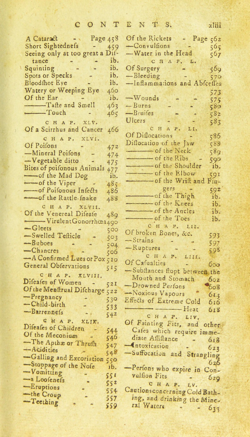 A Cataraft - v Page 458 Of the Rickets - Page 362 Short Sightednefs 459 —Convulfions 56; Seeing only at too great a Dif- —Water in the Head 567 tance ib. CHAP. L. Squinting ib. Of Surgery 569 Spots or Specks ib. —Bleeding 570 Bloodlhot Eye ib. —Inflammaiions and Abfceffes Watery or Weeping Eye 460 573 Of the Ear ib. —-Wounds 575 Tafte and Smell 463 — Burns Touch 463 —Bruifes 582 chap. xlv. Ulcers 583 Of a Scirrhus and Cancer 466 CHAP. XLVI. Of Poifons - 47Z —Mineral Poifons - 474 —Vegetable ditto - 475 Bites of poifonous Animals 477 ■ of the Mad Dog ib. —of the Viper - 4S5 * of Poifonous Infefts 486 of the Rattle fnake 488 CHAP. XLVI t. Of the Venereal Difeal'e 489 * VirulentGonorrhcea49o —Gleets - 500 —Swelled Tefticle - 503 —Buboes - - r0| —Chancres - 306 —A Confirmed Lues or Pox 310 General Obfervations 513 CHAP. XLVI XX, Difeafes of Women - 321 OftheMenftrual Difcbarge 522 —Pregnancy - 3,0 —Child-birth - 333 —Barrennefs . CHAP. XL!K. Difeafes of Children - 344 Of the Meconium - 346 —The Aptha: or Thrulh 54.7 —Acidities _ —Galling and Excoriation 350 —Stoppage of the Nofe 'jb. — Vomitting _ —a Loofenefs , r,2 “—Eruptions . <-,-4. —the Croup . rC~ —Teething - _ 339 CHAP. LI. Of Diflocations Diflocatioo of ihe Jaw of the Neck of the P.ibs of the Shoulder of the Elbow 586 588 589 - 590 ib. 59* 1 * * * * -of the Wrift and Fin- gers - 592 of the Thigh ib. —of the Knees ib. of the Ancles ib. of the Toes ib. chap, li1. Of broken Bones, &c. 393 — Strains - - ^7 —Ruptures - - CHAP. LI|£. OfCafualties - 600 — Subltances ftopt between the Mouth and Scomach 602 —Drowned Perfons *6o8 —-Noxious Vapours * 613 Effects of Extreme Cold 616 1 -Heat 618 chap. liv. Of Fainting Fits, and other Cafes which require imme- diate Affillance - 6x8 —<ntoxication - 622 Suffocation and Strangling _ 626 —rerions who expire in Con- vulfion Fits - C,2g chap. iv. CautionsconcerningCold Bath- ing, and drinking the Mine- ral Waters - - 633