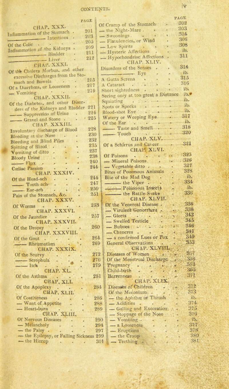 ;v PAGE CHAP. XXX. Inflammation of the Stomach Intestines Of the Colic . Inflammation of the Kidneys - Bladder — Liver CHAP. XXXI. Of th% Cholera Morbus, .md other excessive Discharges from the Sto- mach and Bowels . • 215 Of a Diarrhoea, or Looseness . 217 Vomiting ’ • • CHAP. XXXII. Of the Diabetes, and other Disor- ders of the Kidneys and Bladder 221 Suppression of Urine Gravel and Stone . CHAP. XXXIII. Involuntary discharge of Blood Bleeding at the Nose Bleeding and Blind Piles ^ Spitting of Blood . ■ Vomiting of ditto . Bloody Urine Flpx .. * Coeliac Passion Of Cramp of the Stomach the Night-Mare . I — Swoonings. 1 Flatulencies, or Wind — Low Spirits Hysteric Affections Hypochondriac Affections CHAP. XLIV. Disorders of the Senses . Eye PAGE 302 303 304 306 308 ib. 311 CHAP. XXXIV. Of the Head-ach 244 Tooth ach . 247 Ear-ach 250 Pain of the Stomach, &c. 251 ; CHAP. XXXV. Of Worms .... 253 1 CHAP. XXXVI. Of the Jaundice 257 1 CHAP. XXXVII. Of the Dropsy 260 CHAP. XXXVIII. Of the Gout .... 264 — Rheumatism • ‘. 269 CHAP. XXXIX. Of the Scurvy 272 Scrophula . • 276 Itch . . ' . . 279 CHAP. XL. Of the Asthma 281 CHAP, XLI. Of the Apoplexy 284 CHAP. XLII. Of Costiveness 286 — Want of Appetite 288 — Heart-bum 289 CHAP. XLIII, Of Nervous Diseases 290 — Melancholy 294 — the Palsy .... 297 — the Epilepsy, or Falling Sickness 299 «— the Hiccup 301 224 225 228 230 232 235 237 238 240 244 314 ib. 315 316 ib. ib.* ib. ib. ib. 317 ib. 318 320 321 385 . 326 327 328 ib. 334 ib. 336 A Gutta Serena A Cataract . Short sightedness . •• ‘ Seeing only at too great a Distance Squinting . ... Spots or Specks . - . Blood-shot Eye . • • Watery or Weeping Eye • Of the Ear . • • *- Taste and Smell . . — Touch . ■ - CHAP. XLV. Of a Schirrus and Cancer — CHAP! XLVI. Of Poisons . . * «'• — Mineral Poisons. . ... — Vegetable ditto . Bites of Poisonous Animals Bite of the Mad Dog the Viper . Poisonous Insects the Rattle-Soaks CHAP. XLVII. Of the Venereal Disease . . 336 — Virulent Gonorrhoea • >, 338 — Gleets . . - . 343 — Swelled Testicle • • 345 — Buboes v . . •' 346 — Chancres .... 347 — a confirmed Lues or Pox • 349 General Observations . . 353 CHAP. XLVIII. : Diseases of Women . r Sol Of the Menstrual Discharge -35S Pregnancy . . . « Child-birth ...» Barrenness . . . ». CHAP. XLIX. Diseases of Children - . Of the Meconium . . • — the Aphtha; or Thrush — Acidities .... — Galling and Excoration — Stoppage of the Nose — Vomiting.. — a Looseness — Eruptions — the Croup [ — Teething - 35S ’.$<53 365 371 372 373 ib. 374 375 376 ib. 377 378 380 381