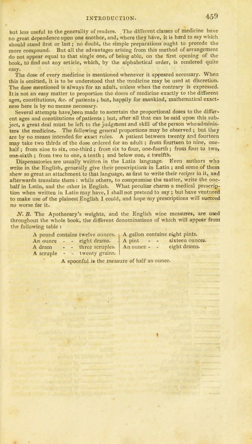 INTRODUCTION. 450 but less useful to the generality of readers. The different classes of medicine have no great dependence upon one another, and, where they have, it is hard to say which should stand first or last; no doubt, the simple preparations ought to precede the more compound. But all the advantages arising from this method of arrangement do not appear equal to that single one, of being able, on the first opening of the book, to find out any article, which, by the alphabetical order, is rendered quite easy. The dose of every medicine is mentioned whenever it appeared necessary. When this is omitted, it is to be understood that the medicine may be used at discretion. The dose mentioned is always for an adult, unless when the contrary is expressed. It is not an easy matter to proportion the doses of medicine exactly to the different ages, constitutions, &c. of patients ; but, happily for mankind, mathematical exact- ness here is by no means necessary. Several attempts have^been made to ascertain the proportional doses to the differ- ent ages and constitutions of patients ; but, after all that can be said upon this sub- ject, a great deal must be left to the judgment and skill of the person who adminis- ters the medicine. The following general proportions may be observed ; but they are by no means intended for exact rules. A patient between twenty and fourteen may take two thirds of the dose ordered for an adult; from fourteen to nine, one- half ; from nine to six, one-third; from six to four, one-fourth; from four to two, one-sixth ; from two to one, a tenth ; and below one, a twelfth. Dispensatories are usually written in the Latin language. Even authors who write in the English, generally give their prescriptions in Latin ; and some of them shew so great an attachment to that language, as first to write their recipes in it, and afterwards translate them: while others, to compromise the matter, write the one- half in Latin, and the other in English. What peculiar charm a medical prescrip- tion when written in Latin may have, I shall not pretend to say ; but have ventured to make use of the plainest English I could, and hope my prescriptions will succeed no worse for it. N. B. The Apothecary’s weights, and the English wine measures, are used throughout the whole book, the different denominations of which will appear from the following table : A pound contains twelve ounces. An ounce - - eight drams. A dram - - three scruples. A scruple - - twenty grains. A gallon contains eight pints. A pint - - sixteen ounces. An ounce - - eight drams. A spoonful is the measure of half an ounce. »