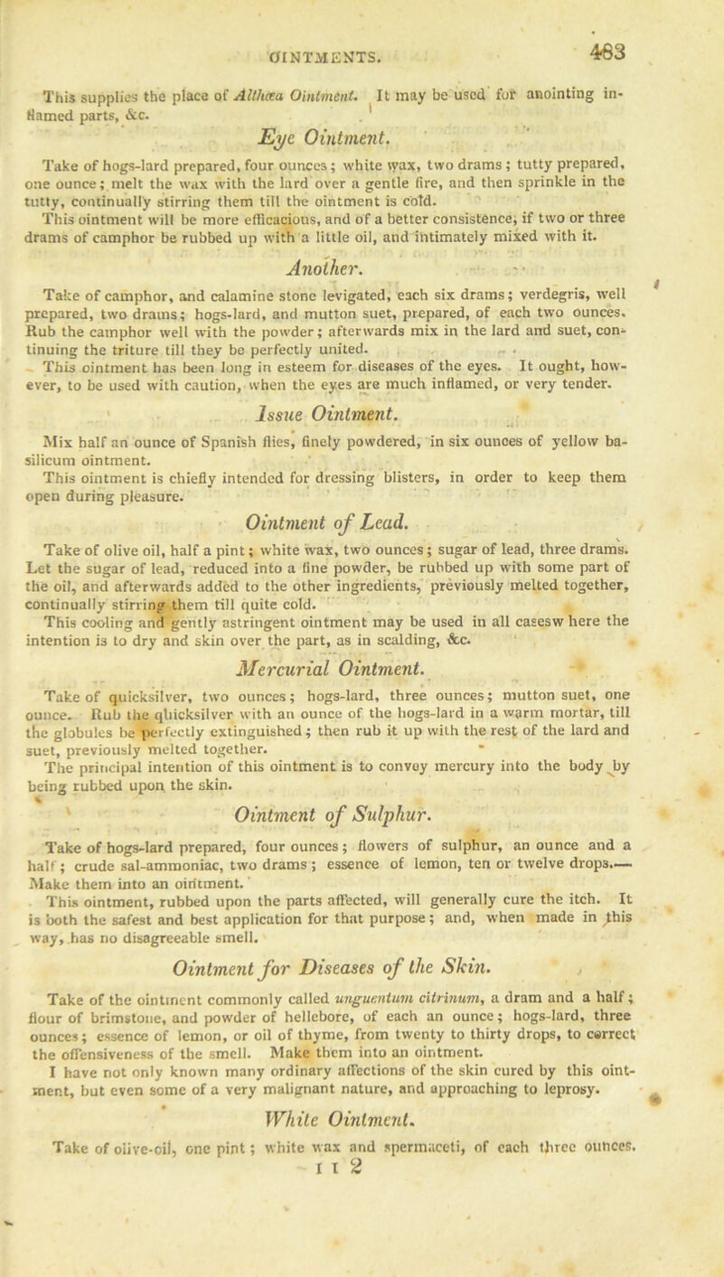 OINTMENTS. 463 This supplies the place of Althcea Ointment. It may be used for anointing in- flamed parts, &c. . 1 Eye Ointment. Take of hogs-lard prepared, four ounces; white wax, two drams ; tutty prepared, one ounce; melt the wax with the lard over a gentle fire, and then sprinkle in the tutty, continually stirring them till the ointment is cotd. This ointment will be more efficacious, and of a better consistence, if two or three drams of camphor be rubbed up with a little oil, and intimately mixed with it. Another. Take of camphor, and calamine stone levigated, each six drams; verdegris, well prepared, two drams; hogs-lard, and mutton suet, prepared, of each two ounces. Rub the camphor well with the powder; afterwards mix in the lard and suet, con- tinuing the triture till they be perfectly united. This ointment has been long in esteem for diseases of the eyes. It ought, how- ever, to be used with caution, when the eyes are much inflamed, or very tender. Issue Ointment. ,i. Mix half an ounce of Spanish flies, finely powdered, in six ounces of yellow ba- silicum ointment. This ointment is chiefly intended for dressing blisters, in order to keep them open during pleasure. Ointment of Lead. Take of olive oil, half a pint; white wax, two ounces; sugar of lead, three drams. Let the sugar of lead, reduced into a fine powder, be rubbed up with some part of the oil, and afterwards added to the other ingredients, previously melted together, continually stirring them till quite cold. This cooling and gently astringent ointment may be used in all casesw here the intention is to dry and skin over the part, as in scalding, &c. Mercurial Ointment. Take of quicksilver, two ounces; hogs-lard, three ounces; mutton suet, one ounce. Rub the qliicksilver with an ounce of the hogs-lard in a warm mortar, till the globules be perfectly extinguished; then rub it up with the rest of the lard and suet, previously melted together. The principal intention of this ointment is to convoy mercury into the body by being rubbed upon the skin. * Ointment of Sulphur. Take of hogs-lard prepared, four ounces; flowers of sulphur, an ounce and a half; crude sal-ammoniac, two drams ; essence of lemon, ten or twelve drops.— Make them into an oiritment.' This ointment, rubbed upon the parts affected, will generally cure the itch. It is both the safest and best application for that purpose; and, when made in ^his way, has no disagreeable smell. Ointment for Diseases of the Skin. Take of the ointment commonly called ungumtum citrinum, a dram and a half; flour of brimstone, and powder of hellebore, of each an ounce; hogs-lard, three ounces; essence of lemon, or oil of thyme, from twenty to thirty drops, to correct the offensiveness of the smell. Make them into an ointment. I have not only known many ordinary affections of the skin cured by this oint- ment, but even some of a very malignant nature, and approaching to leprosy. White Ointment. Take of olive-oil, one pint; white wax and spermaceti, of each three ounces. i i 2