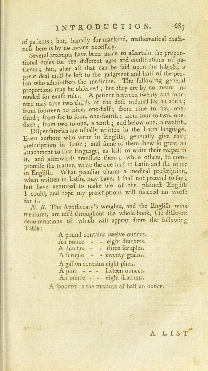 of patients; but, happily for mankind, mathematical exa&- nefs here is by no means neceifary. Several attempts have been made to afcertain the propor- tional dofes for the different ages and conftitutions of pa- tients ; but, after all that can be faid upon this fubjeft, a great deal muff be left to the judgment and (kill of the per- fon who adminifters the medicine. The following general proportions may be obferved ; but they are by no means in- tended for exaft rules. A patient between twenty and four- teen may take two thirds of the dole ordered for an adult, from fourteen to nine, one-half; from nine to fix, one- third ; from fix to four, one-fourth ; from four to two, one- fixth ; from two to one, a tenth ; and below one, a twelfth. Difpenfatories are ufually written in the Latin language. Even authors who write in Englilh, generally give their prefcriptions in Latin; and fome of them (hew fo great an attachment to that language, as firft to write their recipes in it, and afterwards tranflate them; while others, to com- promife the matter, write the one half in Latin and the other in Englilh. What peculiar charm a medical prescription, when written in Latin, may have, I fhall not pretend to fay; but have ventured to make ufe of the plaineft Englilh I could, and hope my prefcriptions will fucceed no worfe for it. N. B. The Apothecary’s weights, and the Englilh wine meafures, are ufed throughout the whole book, the different denominations of which will appear from the following Table : A pound contains twelve ounces. An ounce - - eight drachms. A drachm - - three Scruples. A Scruple - - twenty grains. A gallon contains eight pints. A pint - - - fixteen ounces. An ounce - - eight drachms. A Spoonful is the meafure of half an ounce. A LIST