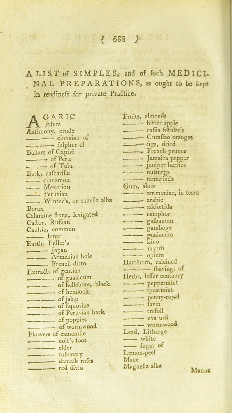 A LIST of SIMPLES, arid of fuch MEDICI- NAL PREPARATIONS, as ought to be kept in readinefs for private Pra&ice. Agari.c Alum ' Antimony, crude .. cinnabar of fulphur of Balfam of Capivi . of Peru of Tolu Bark, cafcarilla cinnamon Mezerion .—— Peruvian Winter’s, or canella alba Borax Calamine ftone, levigated Call or. Ruffian Cauftic, common . lunar Earth, Fuller’s — Japan Armenian bole . French ditto Extra&s of gentian of guaiacum of hellebore, black of hemlock of jalap of liquorice of Peruvian bark of poppies . of wormwood Flowers of camomile . colt’s foot' . elder fern ary . damaflc rofcs —— red ditto Eruits, almonds ——— bitter apple . caffia fiftularis — Curaflao oranges ~ —- figs, dried .. — a French prunes Jamaica pepper juniper berries nutmegs tamarinds Gum, aloes ■ ammoniac, in tears . — arabic afafcytida camphor . galbanum gamboge —; guaiacum • kino — myrrh ■ opium Hartfhorn, calcined . (havings of Herbs, leffer centaury peppermint • fpearmint — penny-royal —.—— favin trefoil uva urfi wormwood Lead, Litharge white fugar of Lemon-peel Macc Magncfia alba Mann*