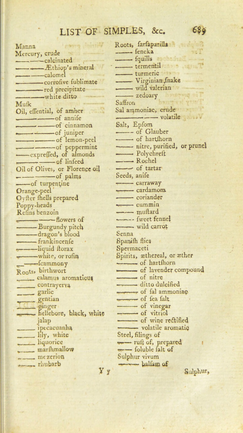 LIST OF SIMPLES, &c. 69f Manna Mercury, crude calcinated , • iEthiop’s mineral calomel corrofive fublimate red precipitate .white ditto Mufk Oil, eflential, of amber of annife — of cinnamon •—-— of juniper . of lemon-peel - • of peppermint • exprefled, of almonds of linfeed Oil of Olives, or Florence oil of paints of turpentine Orange-peel Oyiter fhells prepared Poppy-beads Refins benzoin —flowers of Burgundy pitch dragon’s blood > frankincenfe e liquid florax >r white, orrofin ■—■—fcammony Roots* birthwort calamus aromaticug contrayerya garlic gentian finger ellebore, black* white jalap iptcacuanha lily, white liquorice marfhmallow _ mezerion rhubarb Roots, farfaparilla . feneka . fquills termentil - — turmeric . Virginian jTnake wild valerian zedoary •V Saffron Sal ammoniac, crude . —. volatile • - < Salt, Epfom . of Glauber of hartlhorn nitre, purified, or prunel ——— Polychreft -——. Roqhel <• of tartar Seeds, anife carraway *■—■— cardamom. coriander cummin muftard fweet fennel wild carrot Senna Bpanifh flies Spermaceti Spirits, asthereal, or xther of hartfhorn — of lavender compound of nitre — ditto dulcified -■ - » of fal ammonia? ■- ■ ■■ of fea fait of vinegar ——— of vitriol of wipe re&ified volatile aromatig Steel, filings of — rufl of, prepaved irr-— foluble fait of Sulphur vivum Ualfaro of Sulphur,